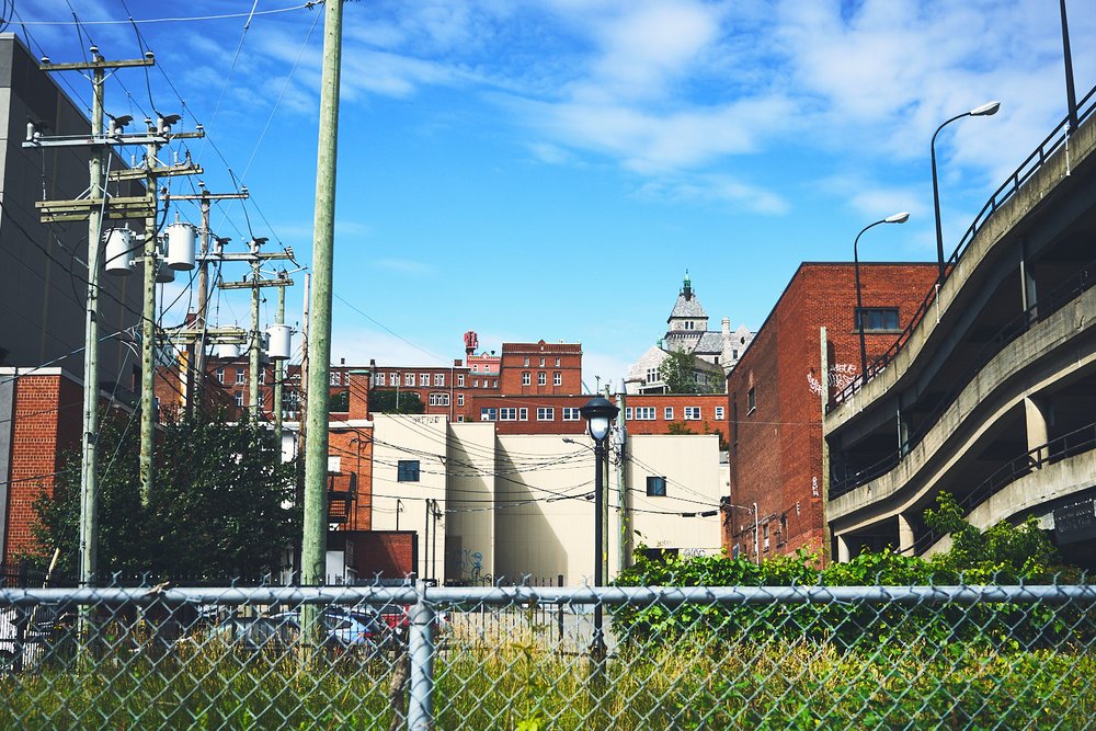 layers of land and buildings in downtown Sherbrooke, QC, Canada