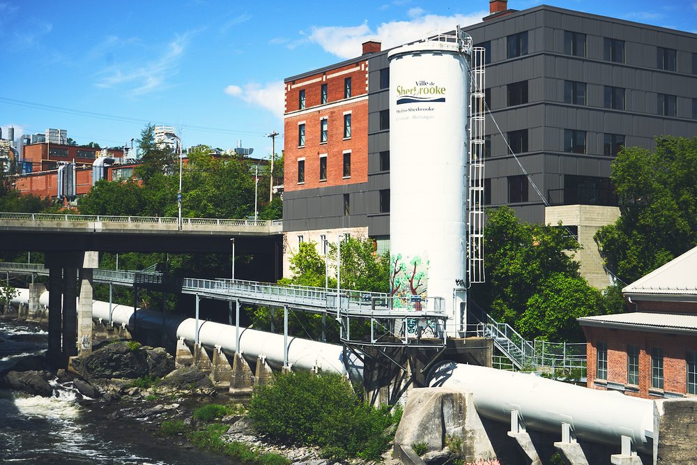 Magog river and Hydro-Sherbrooke installations in downtown Sherbrooke, QC, Canada