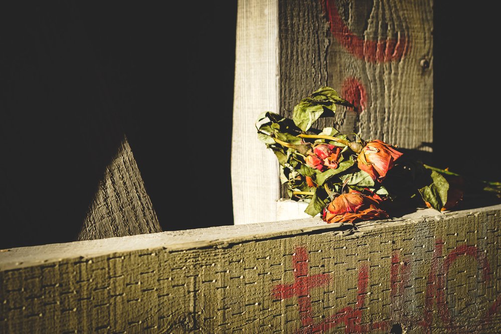 Flowers left to freeze on the covered bridge