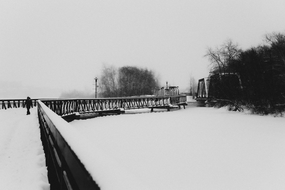 walking on footbridge in Sherbrooke, QC, Canada