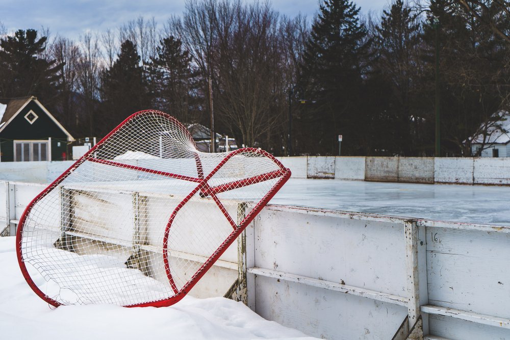 hockey goal taken of the ice in North Hatley QC Canada