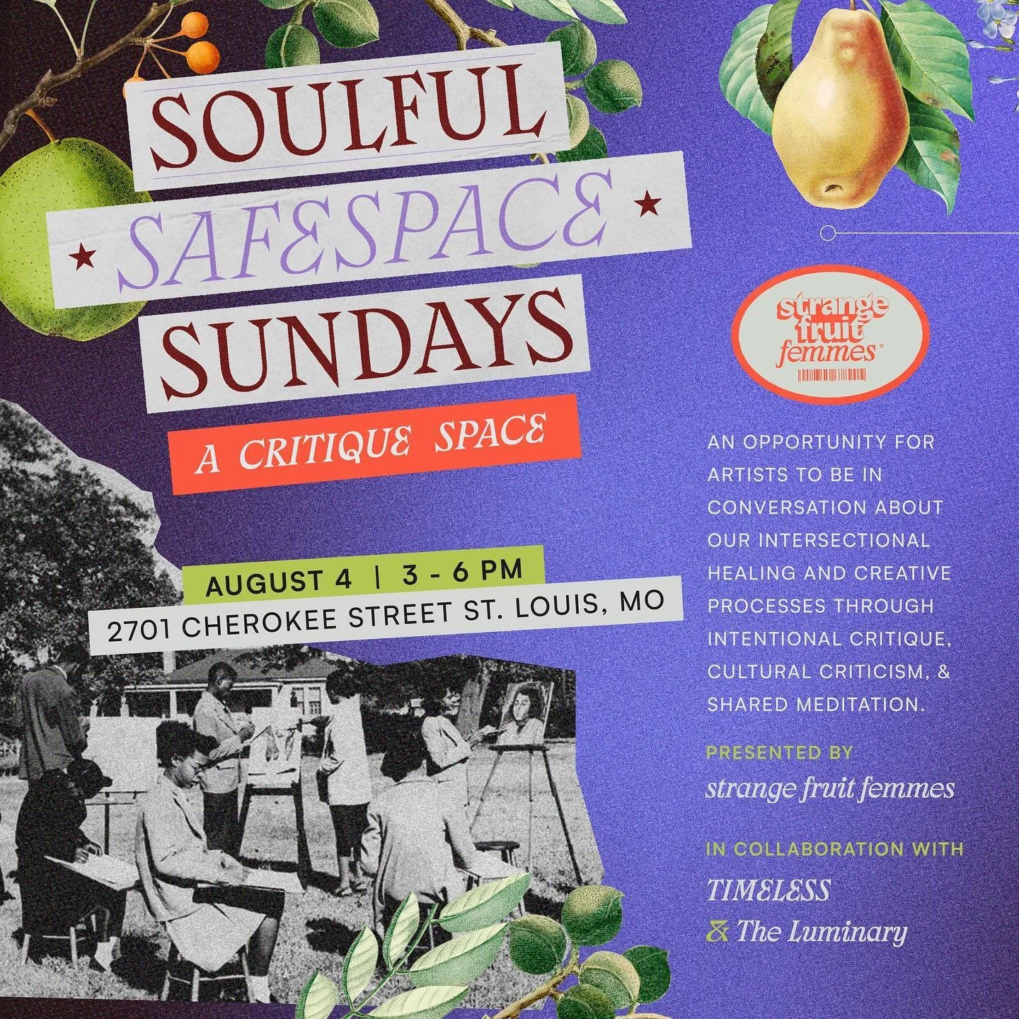 Hey Friends, Soulful SafeSpace Sundays has returned! We are excited to partner with @timeless_stl and @theluminaryarts for our next session. TIMELESS exhibiting artists, @marleybillied and @painteddreamsbybam will be sharing their work and @spiritsca