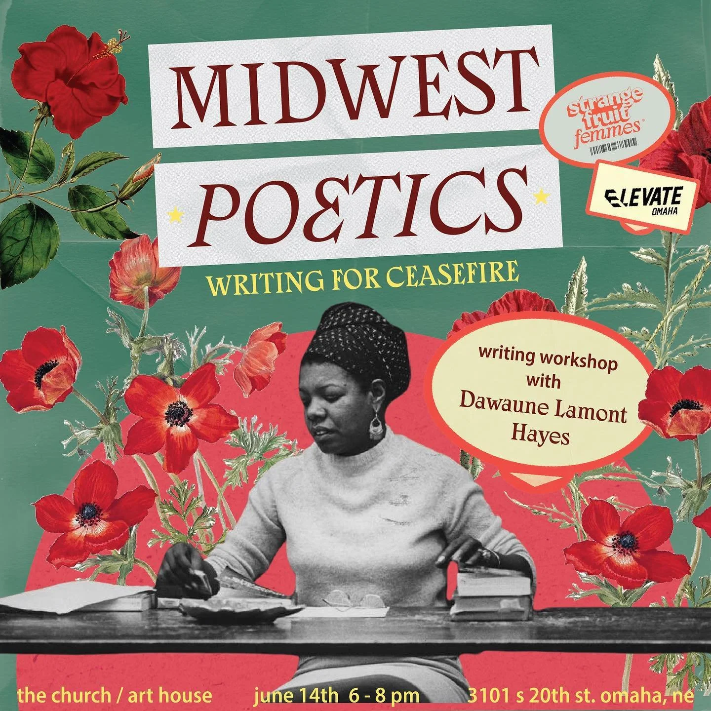 Join us on Friday, June 14th at the Church Art House (Omaha, Ne) for our third Midwest Poetics: Writing Workshop of 2024 led by Omaha based artist and organizer, Dawaune Lamont Hayes. 

We wanted to shift our focus and attention towards the ongoing d