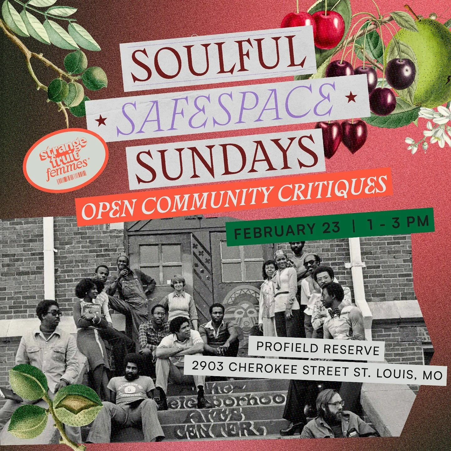 Hey Friends,

We are making space for open community style critiques this upcoming Sunday, Feb 23rd from 1-3pm at 

Profield Reserve
2903 Cherokee St St. Louis, MO 

Tell a friend to tell a friend! We know u been in the lab 👀

Sign up at the link in