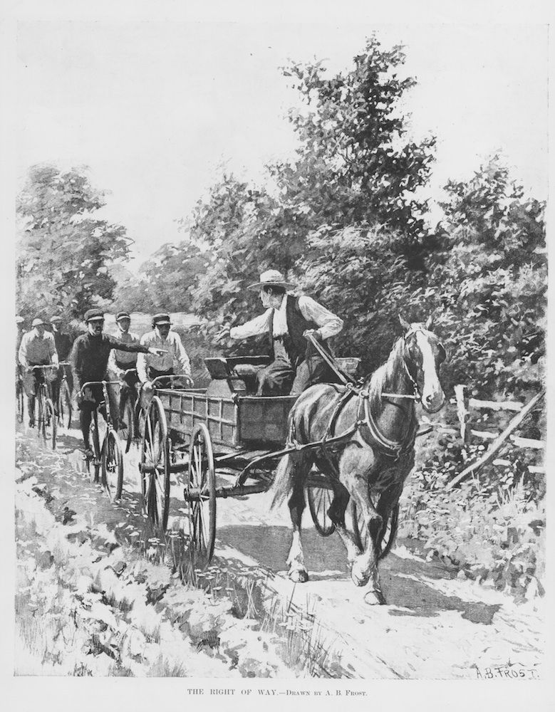    Users argue over the right of way on a narrow dirt road in this Harper’s Weekly illustration by A. B. Frost, 1896. The cyclists may want to overtake on the left, as a vehicle would, or may be ordering the wagon out of their way; the farmer is havi