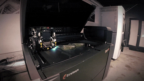   The DNA Shoe prototype (shown below) was 3D printed by FATHOM using PolyJet Technology on an Objet500 Connex3 — a digital combination of rigid and flexible materials were used to achieve the ideal durometer (VeroClear, VeroYellow, Tango, and TangoB