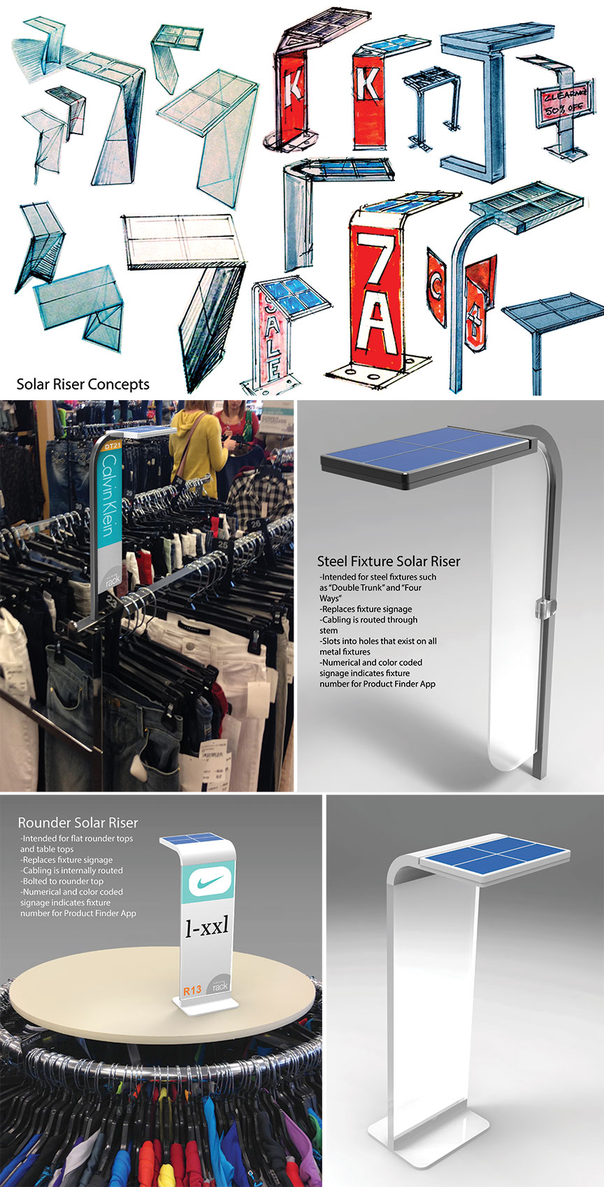 Early engineering needs called for a series of solar panels to power the devices. I felt that this would greatly disrupt the store experience. I developed a number of concepts to implement the solar panels into fixture signage and displa