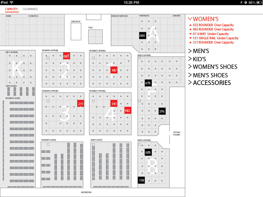 Along with developing fixture RFID hardware brackets I was also involved in creating a series of prototype apps used for tracking merchandise across a store. Since we tracked the merchandise at the fixture level the solution was to locate and