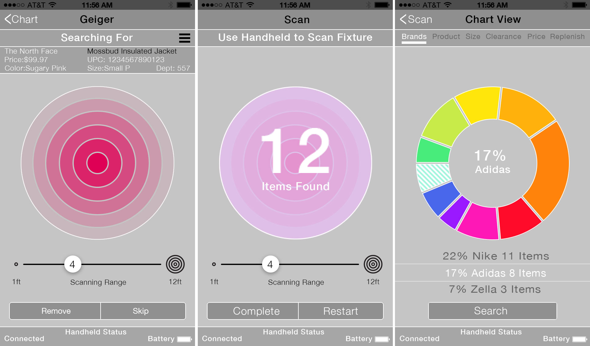 App screens for displaying fixture contents, and proximity to selected clothing items.