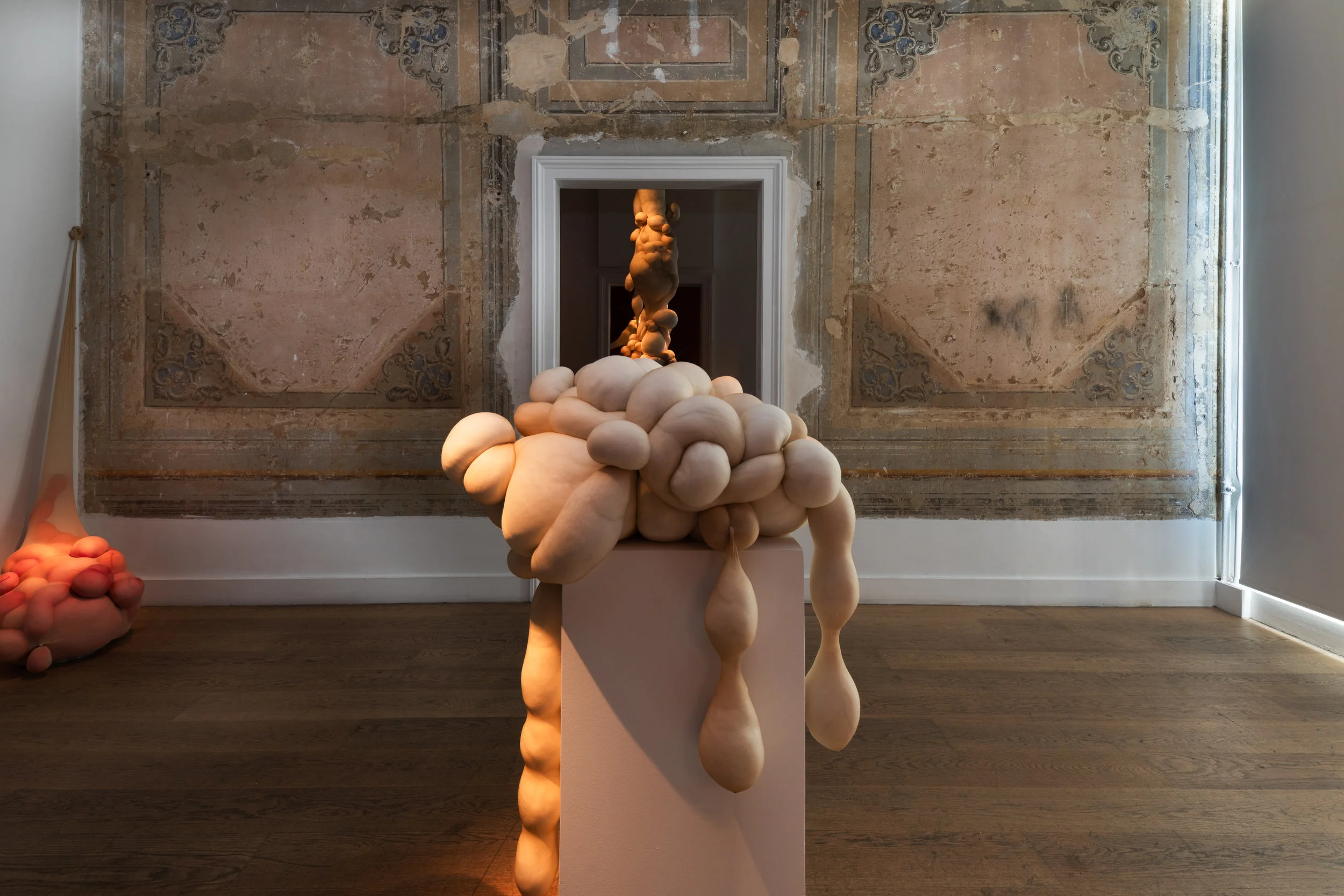 MARSYAS ARDA ASENA - MIA DUDEK CURATED BY | NICK HACKWORTH APRIL 18-MAY 25 2019 Galerist presents Marsyas between the dates April 18 – May 25, 2019, an exhibition of work by two emerging artists – Mia Dudek and Arda Asena that responds to the eponymous Greek myth. The brief tale recounts the hubris and gruesome fate of Marsyas. A satyr and follower of Dionysius he lived in Phrygia, a kingdom that existed in what is now Anatolia. A gifted flute player, Marsyas rashly challenged Apollo, the god of music himself, to a contest to decide who was the better musician, with the agreement that the loser would submit to whatever punishment the victor chose. Only when he cheated, by adding his divine voice to the sound of his lyre, did Apollo win. In vengeance for daring to challenge a god, Apollo flayed Marsyas alive and nailed his skin to a nearby pine tree. The torrents of tears shed by the creatures, nymphs, gods and goddesses that mourned Marsyas, fell upon the earth, intermingled and became the source of the Meander river, now known as the Büyük Menderes River. This strange and violent story was a touchstone in Classical, particularly Roman, culture. For populists Marsyas became a symbol and mythic martyr for liberty, freedom of expression and the right to speak truth to power. To authoritarians his fate was a warning to the forces of chaos and misrule. This exhibition brings together in dialogue two powerful bodies of work, each created in response to the story of Marsyas. Mia Dudek’s latest series, Marsyas, Dudek plays with and juxtaposes various ways to picture, represent and manifest skin. The works are all about surface and surfaces. Unusually composed, close-up shots of bodies and body parts, render them almost alien and unfamiliar. The bodies seem restricted, covered in some with clear plastic in some images and strained, muscles and veins bulging in others. Dudek further complicates her depiction of skin with varying material productions of the works. In Dudek’s series Marsyas’ cruel punishment has become the default state, as if in our moment, all physicality is comprised. Arda Asena has especially created a series of sculptures and sculptural installations for this exhibition and in response to the myth and Dudek’s body of work. The works develop a line of sculptural enquiry in which Asena uses fabric-based sculptures to depict, in semi-abstract fashion, bodily forms. Some are formed of stuffed, flesh coloured stockings lying abjectly, in corners, draped over plinths or suspended from the ceiling – skinless bodies, their innards waiting to spill out. Others are formed by being stretched between walls, the fabric pulled into translucency by the physical tension, an abstract echo of the Marsyas’ flaying at the hands of a tyrannical god. An oblique but powerful sculptural achievement. Dudek and Asena’s work combine to conjure a disturbing sensibility of tortured physicality, echoing the pessimistic wisdom of the myth of Marsyas, that suffering is more common than justice.