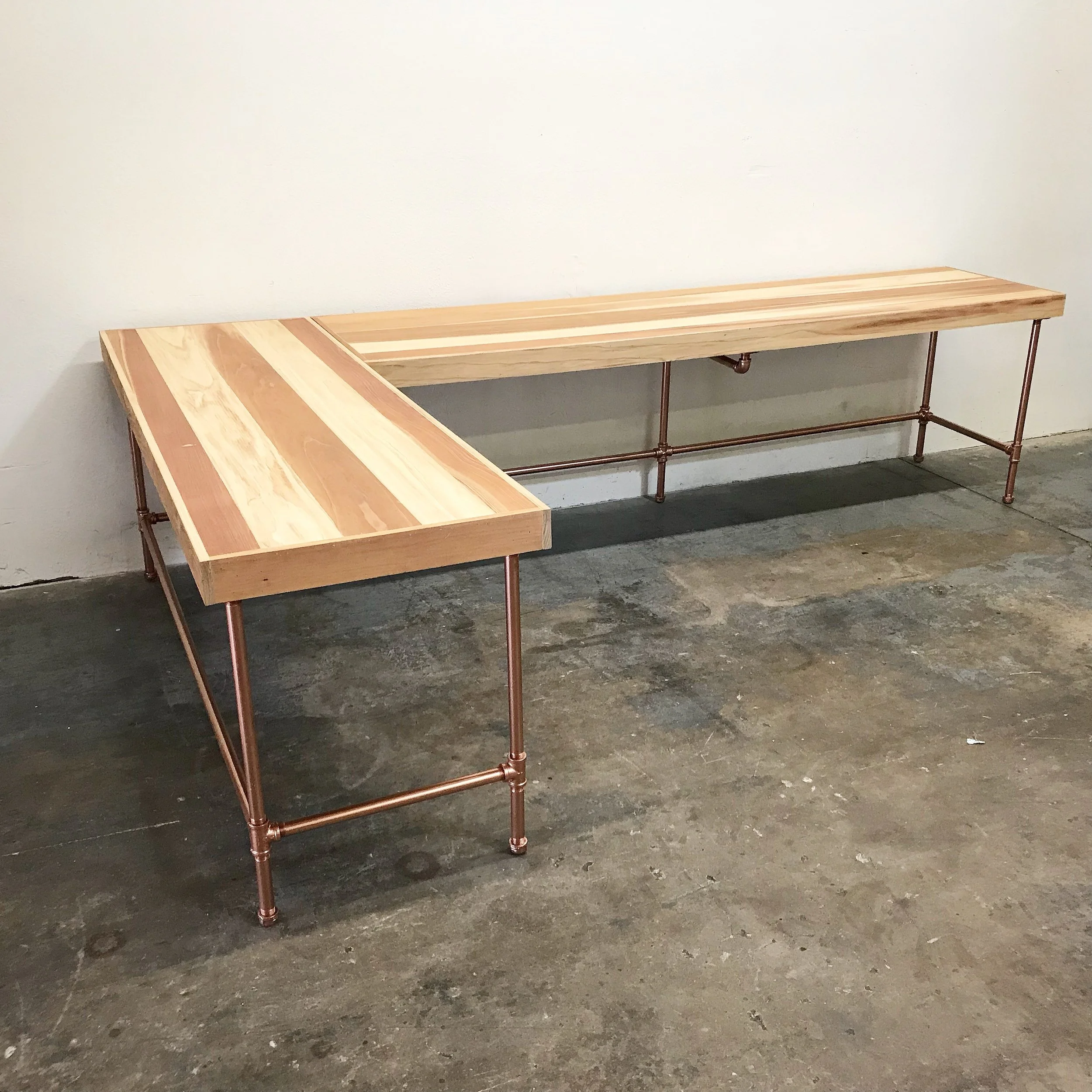 Russell Redwood L-Shaped Corner Desk with Copper Base