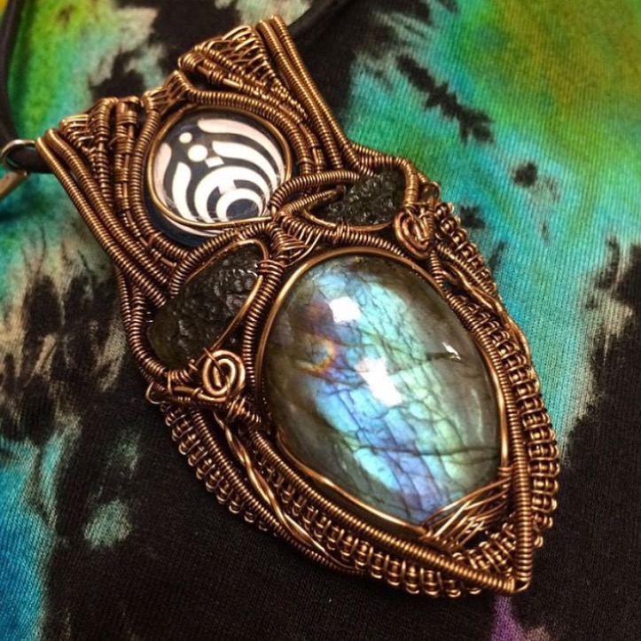 Labradorite and Moldavite Wrapped in Antiqued Bronze