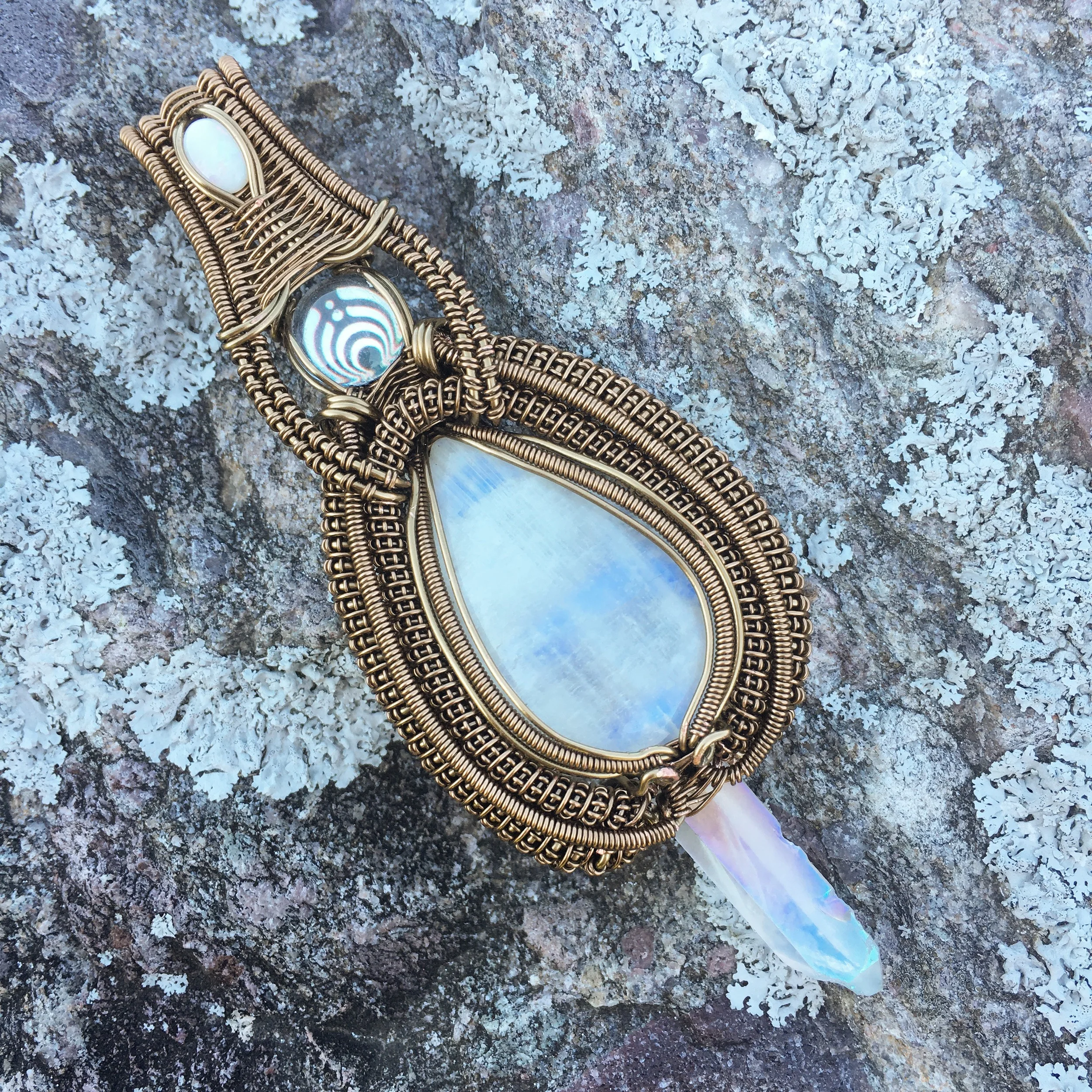 Rainbow moonstone, Australian Opal, and Rainbow Aura Quartz Dabber Pendant Wrapped in Antiqued Bronze