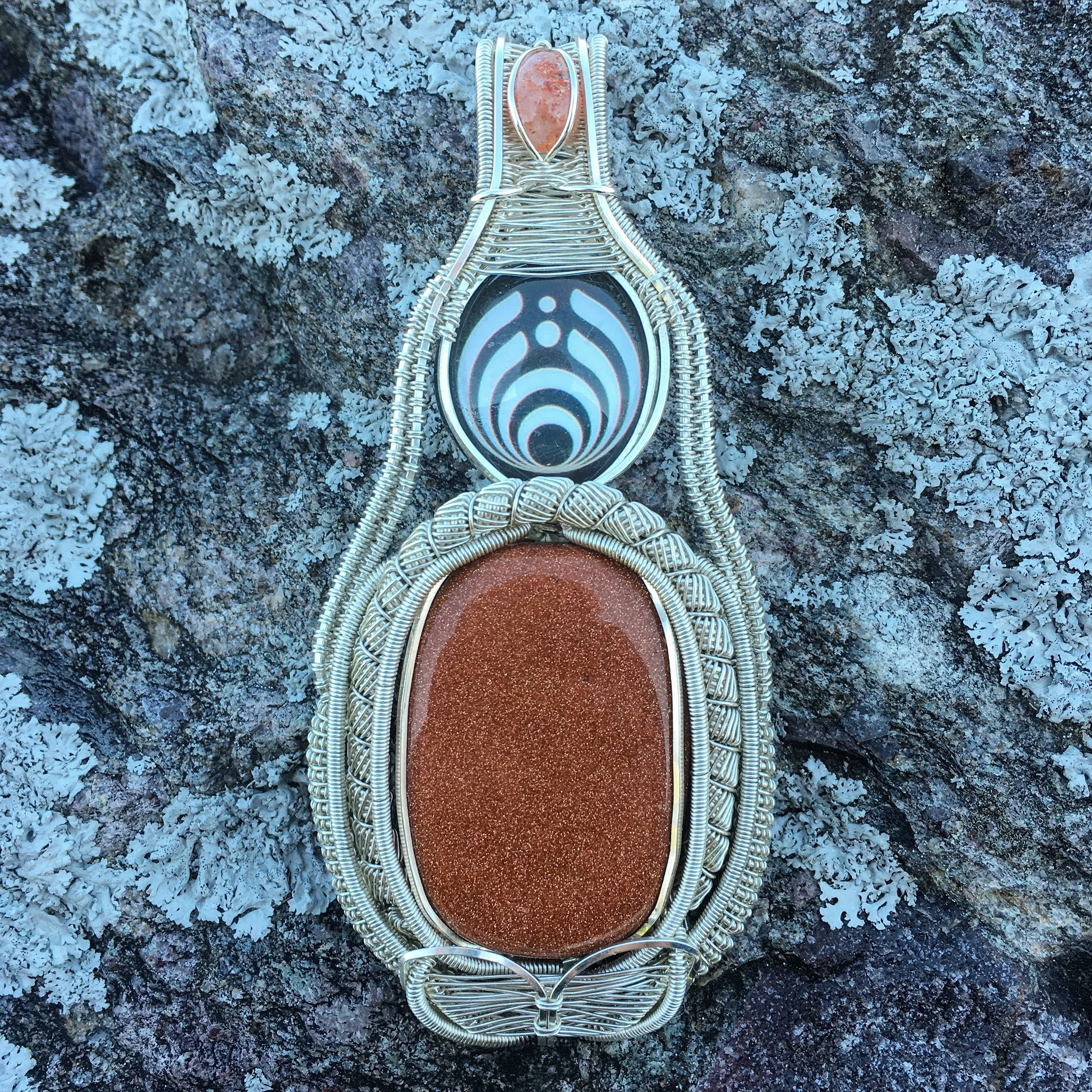 Goldstone and Sunstone Pendant Wrapped in Sterling Silver