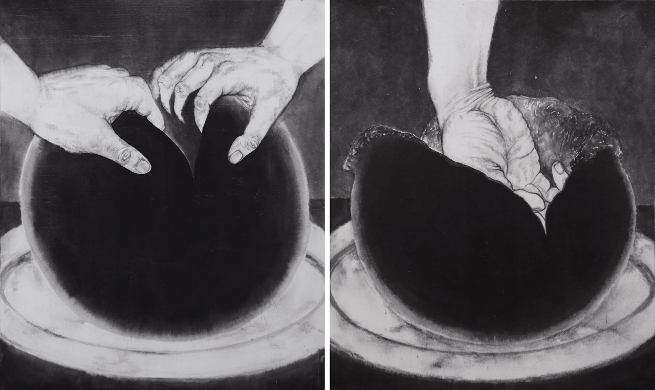 like a porno movie, Muk and charcoal on Korean paper, 38 x 45cm(x2), 2013