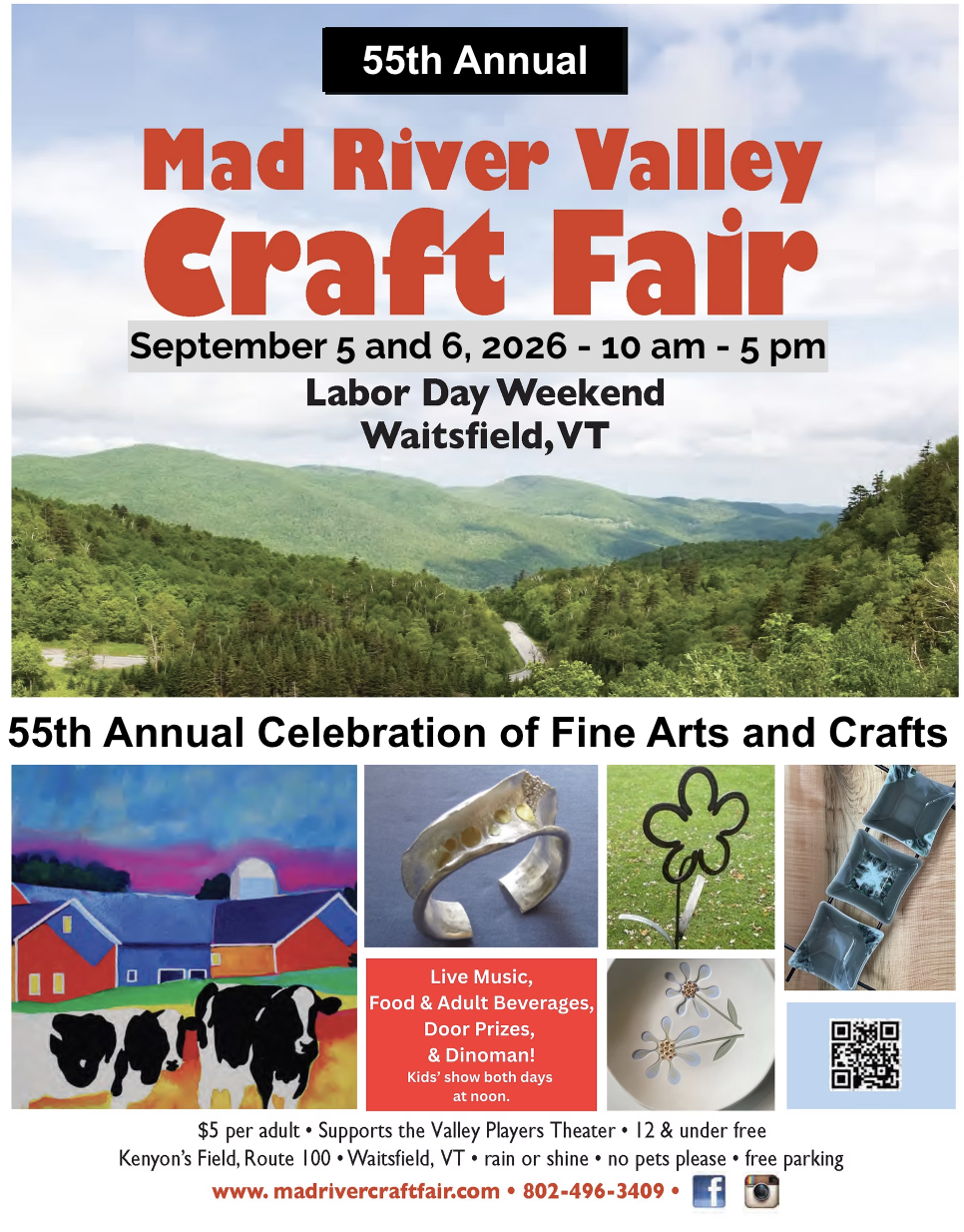Poster for the 55th Annual Mad River Valley Craft Fair, September 5–6, 2026, 10am–5pm in Waitsfield, VT, featuring a scenic mountain background and examples of handmade crafts.