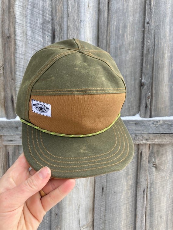 Ministry of Culture - Handmade 6 Panel Hat, Triangle Front Baseball Waxed Canvas Snap Back Hat, 7 Panel Olive Hat, gift for him
