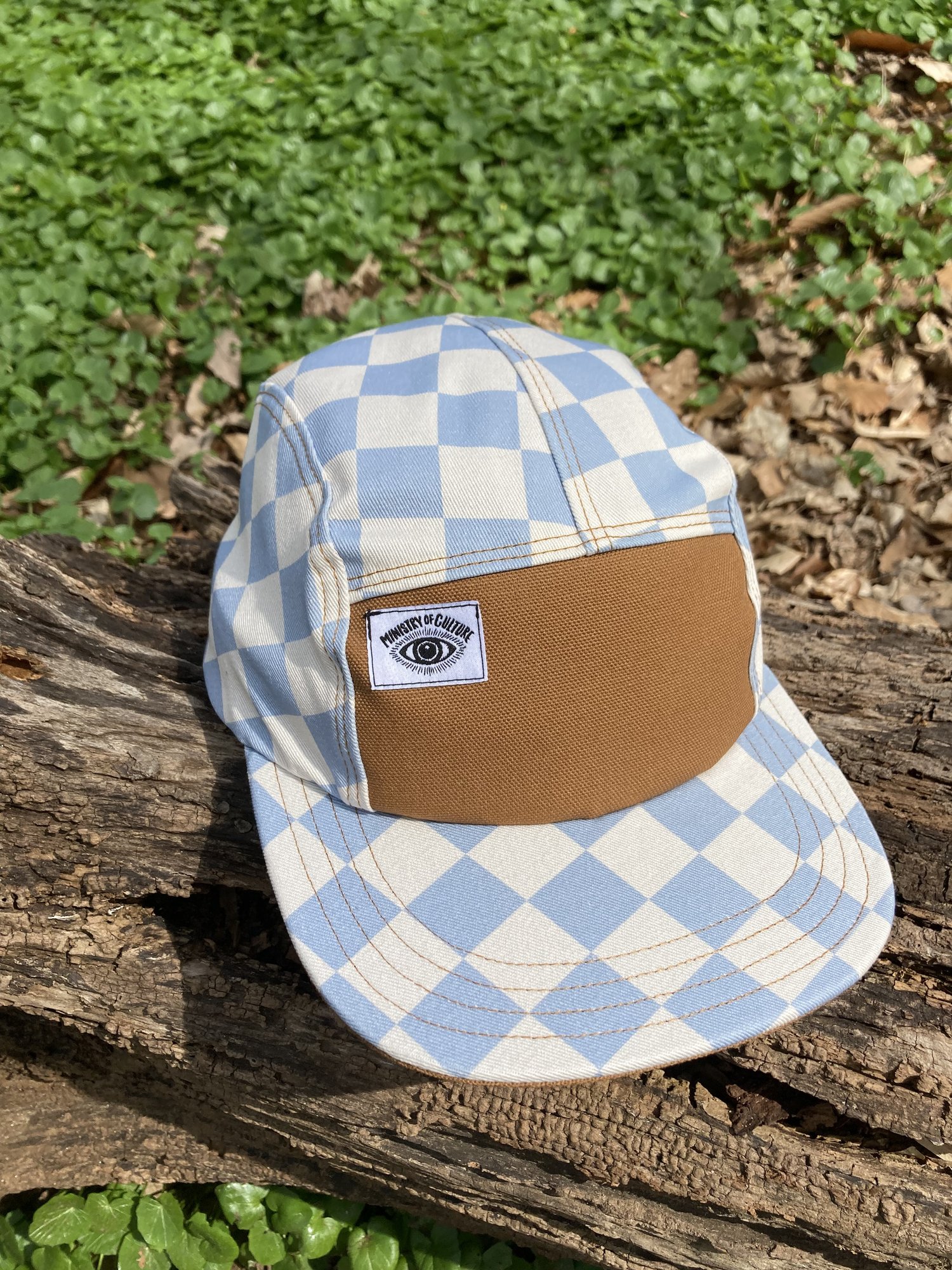 Ministry of Culture - Handmade 5 Camp Hat, Baby Blue and Plaid Checkerboard