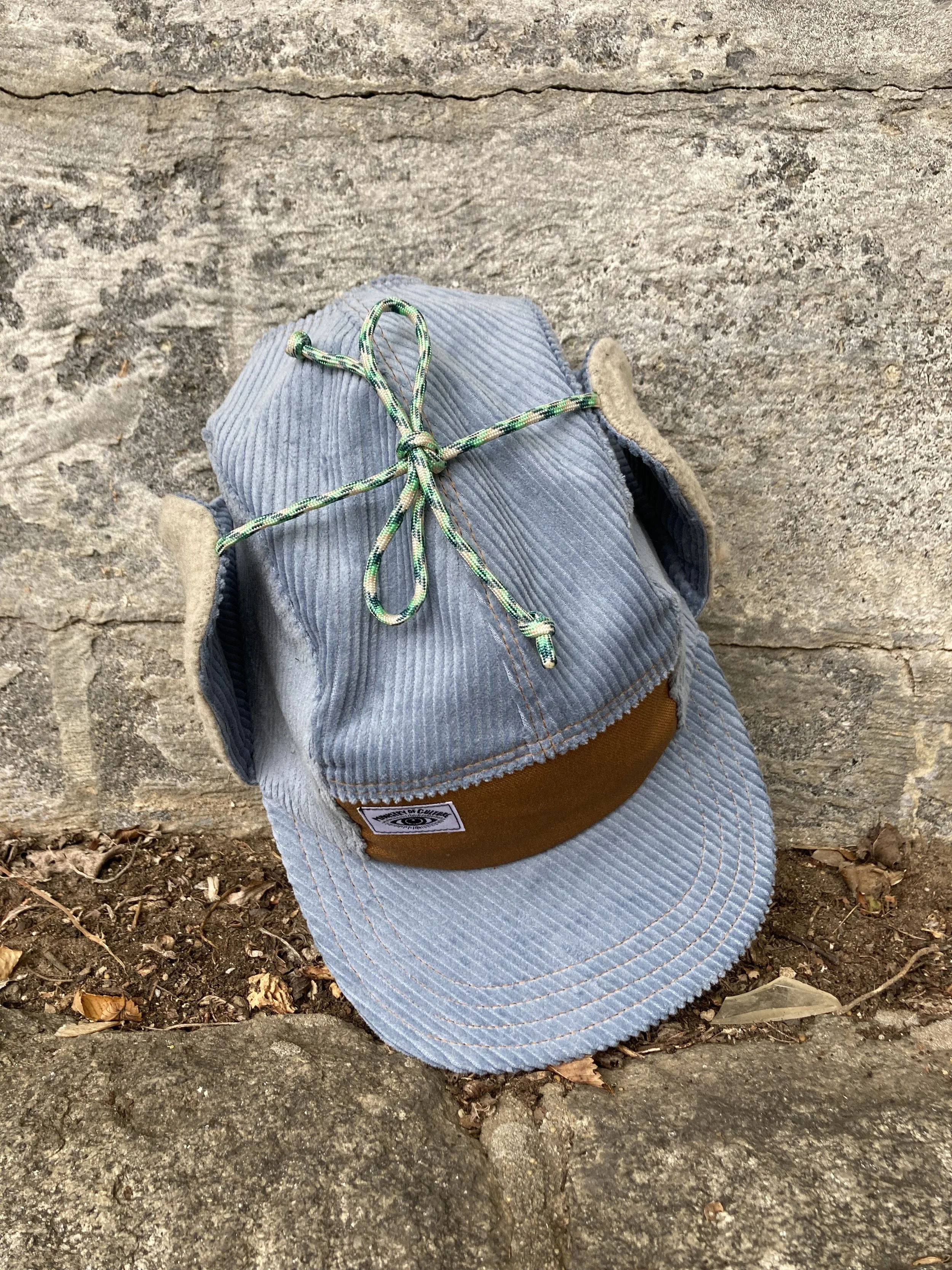 Light Blue Fine Wale Corduroy Ear Flap Hat, Handmade 5 Panel Camp Hat, Winter Baseball Cap