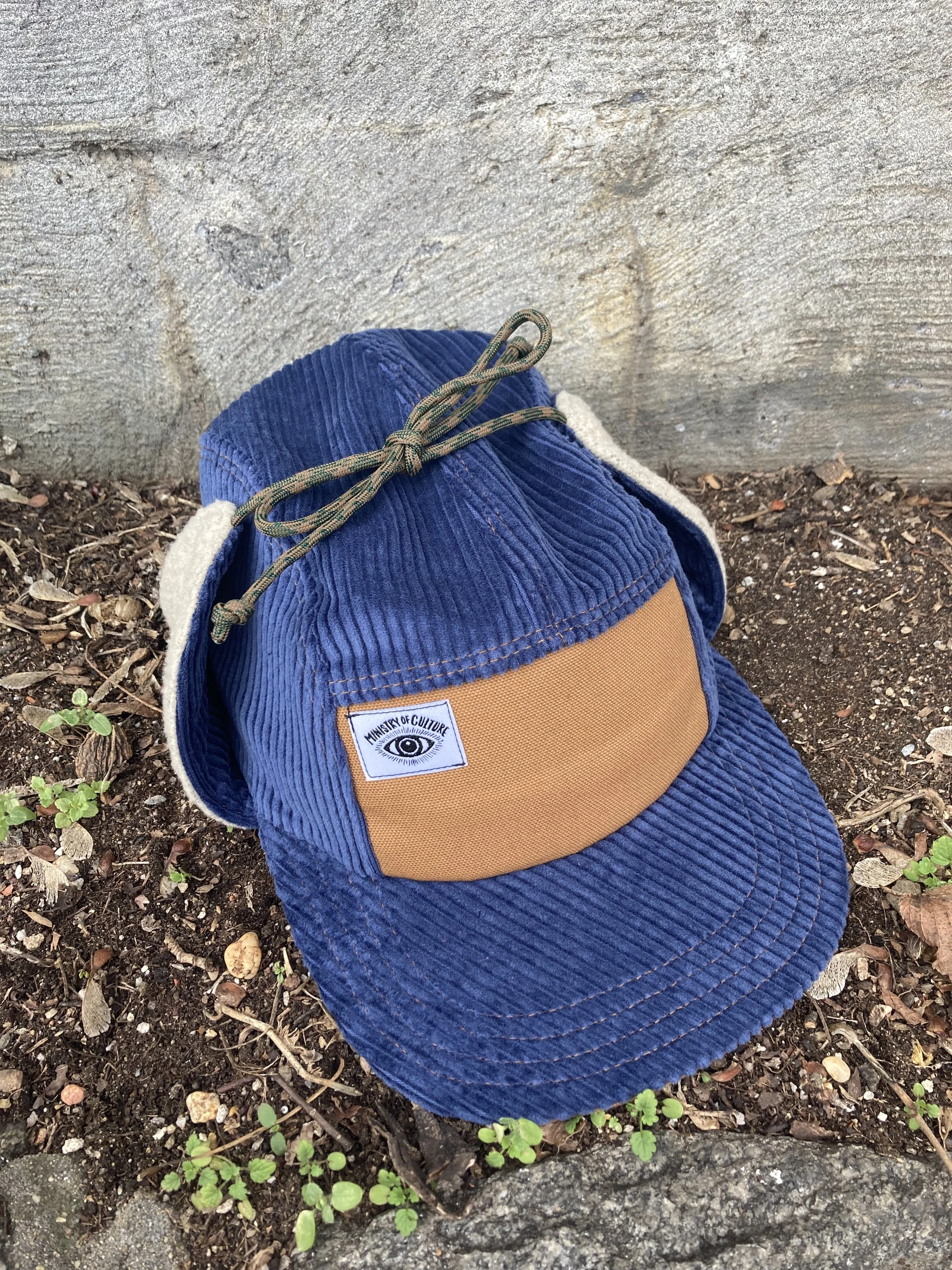 Handmade Navy Blue Corduroy 5 Panel Camp Hat with Earflaps, Winter Baseball Cap,