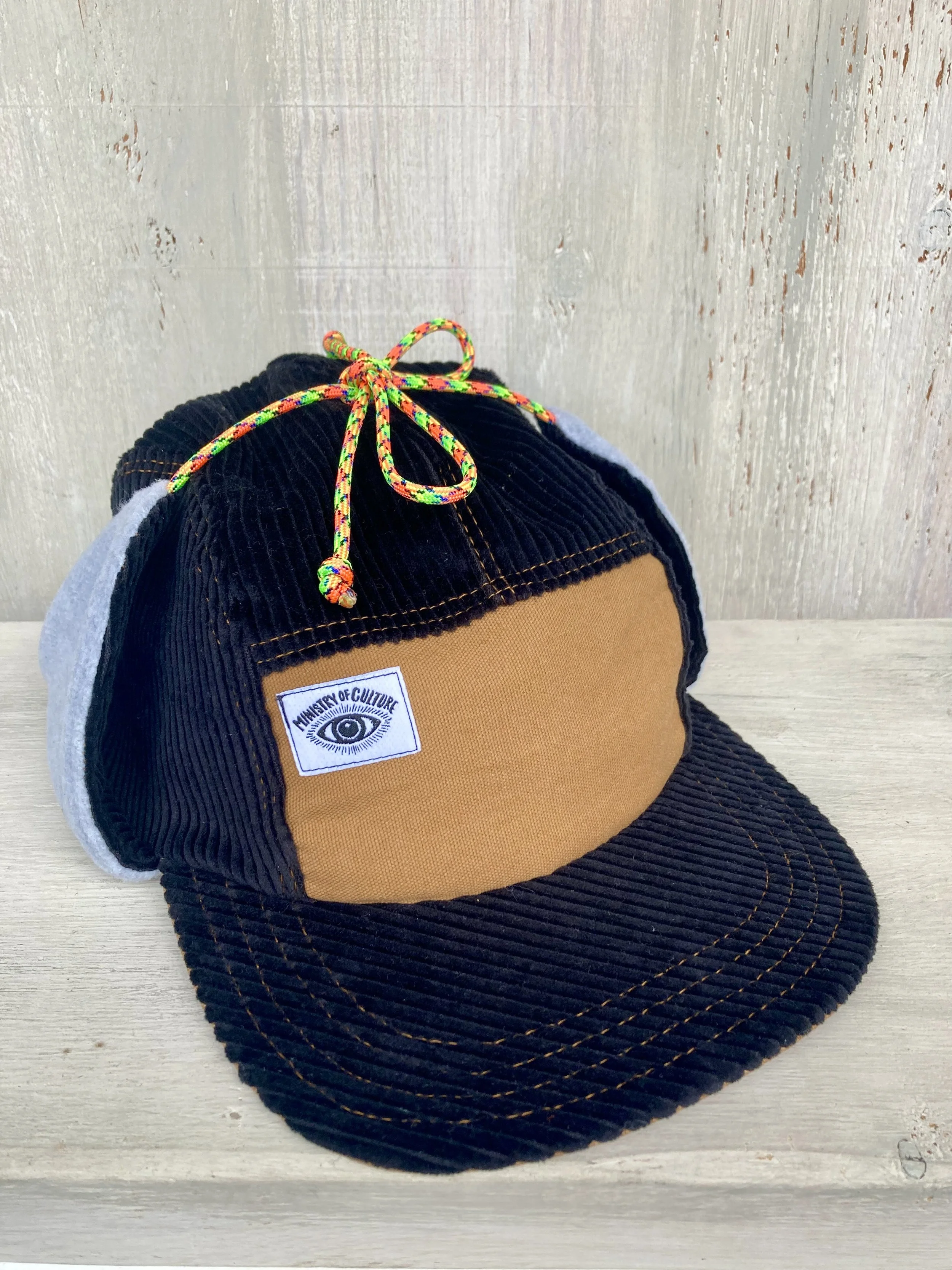 Black Corduroy Earflap Handmade 5 Panel Camp Hat