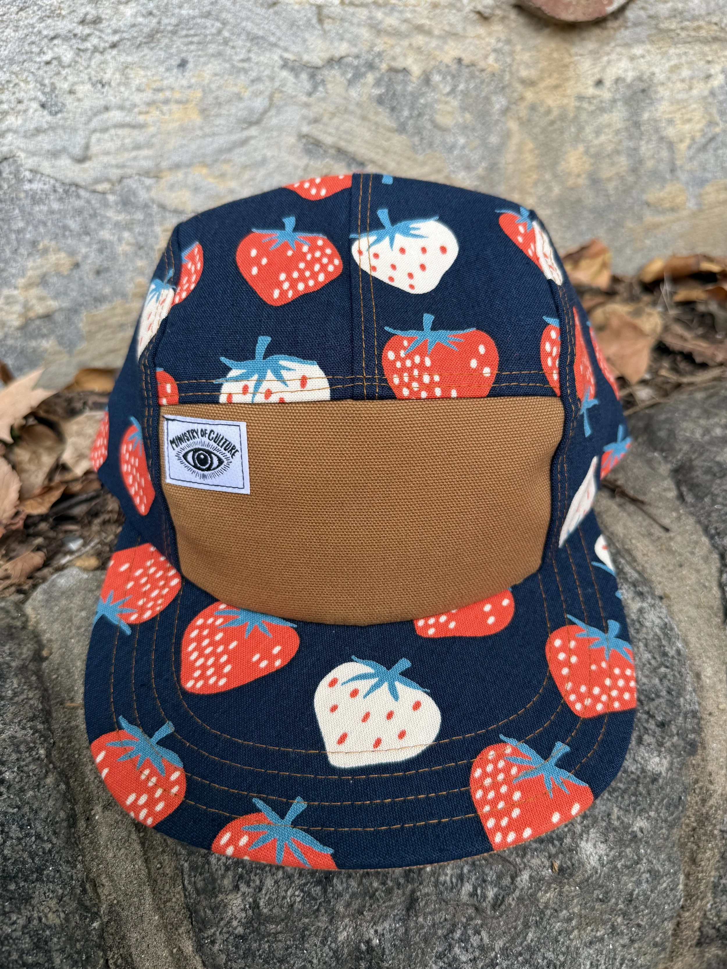 Navy Strawberry Print 5 Panel Cap