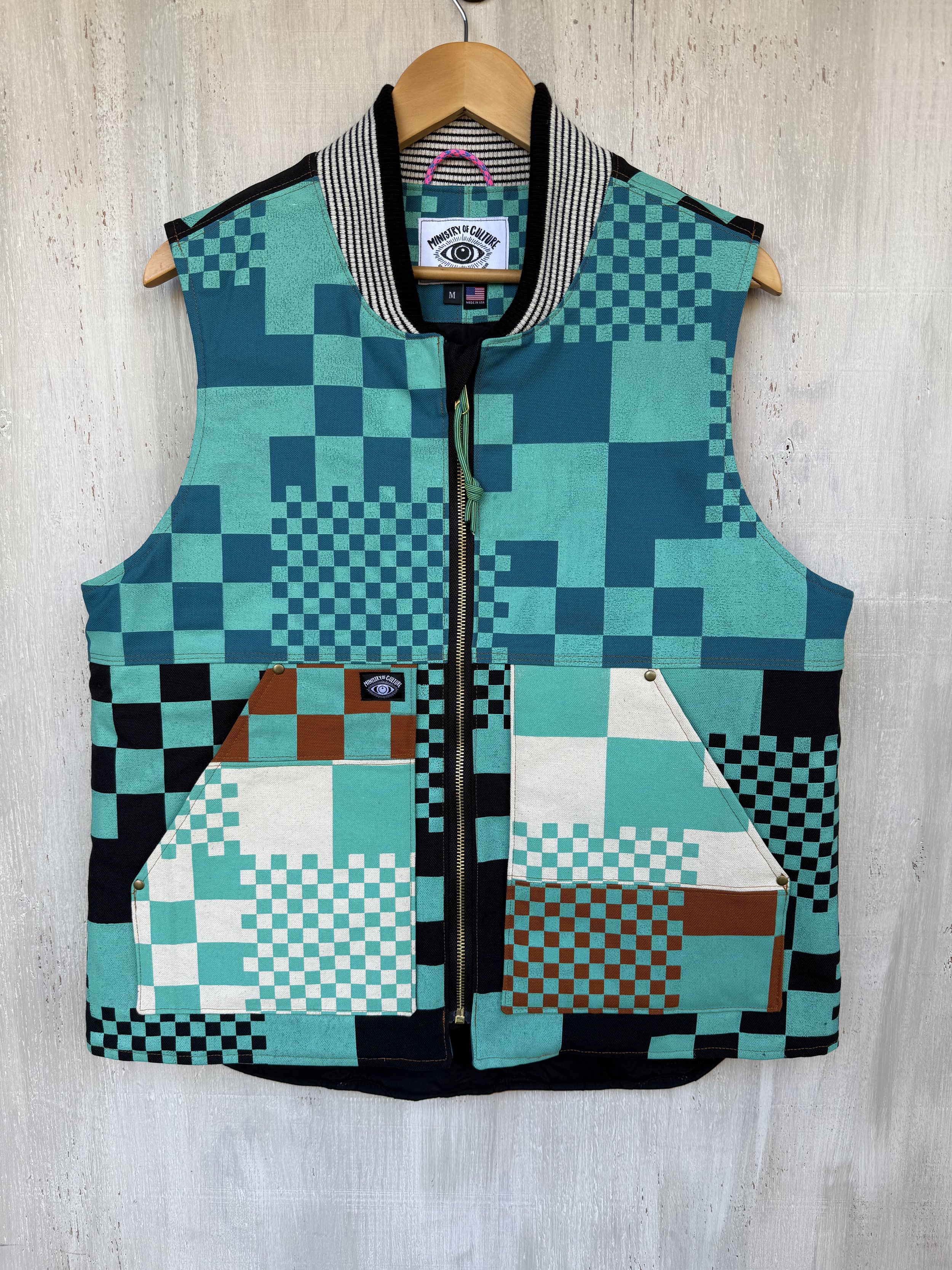 Canvas Work Vest- One-of-a-Kind Teal Patchwork Checkerboard