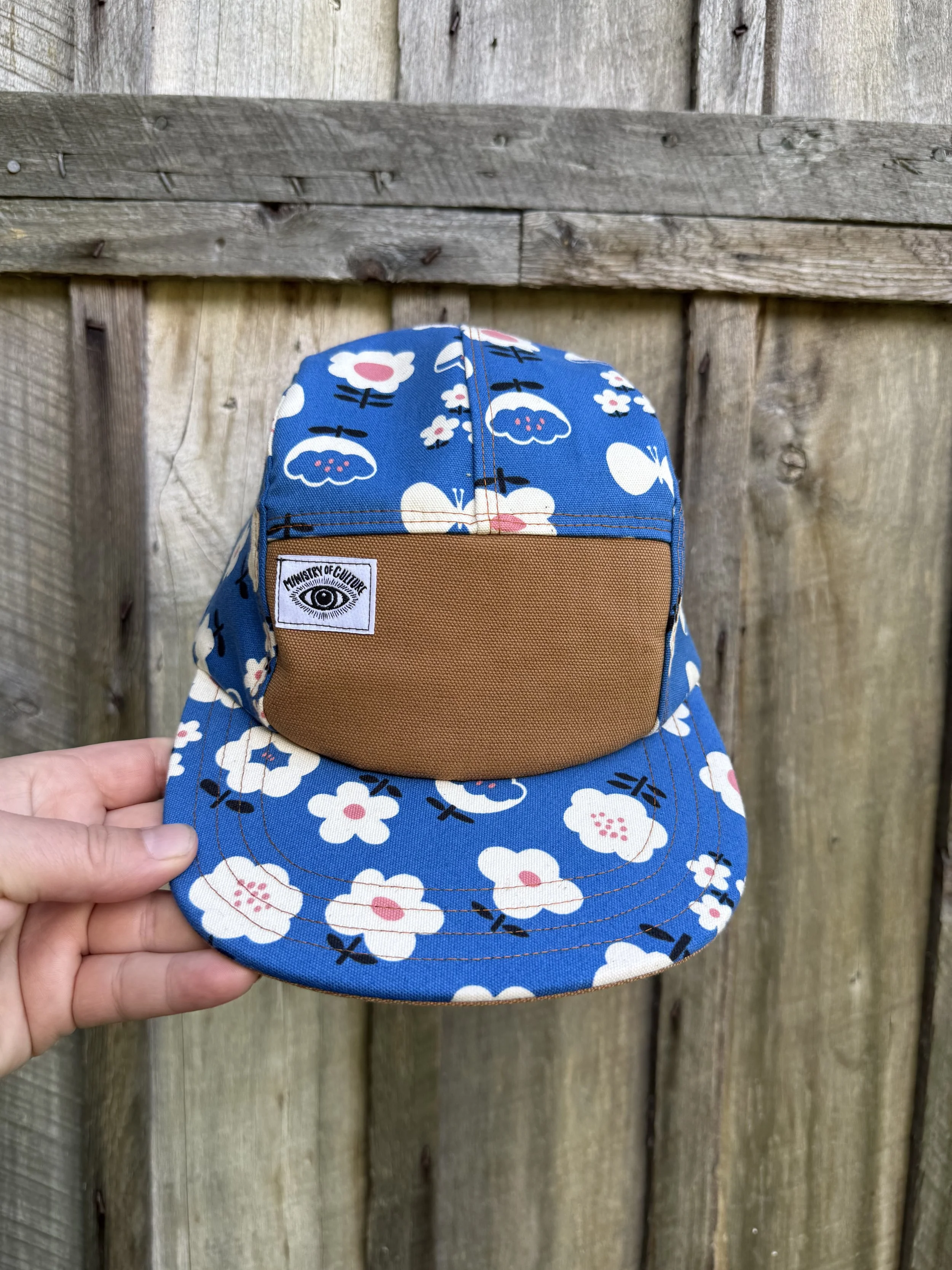 Handmade 5 Panel Camp Hat - Blue Folk Flowers