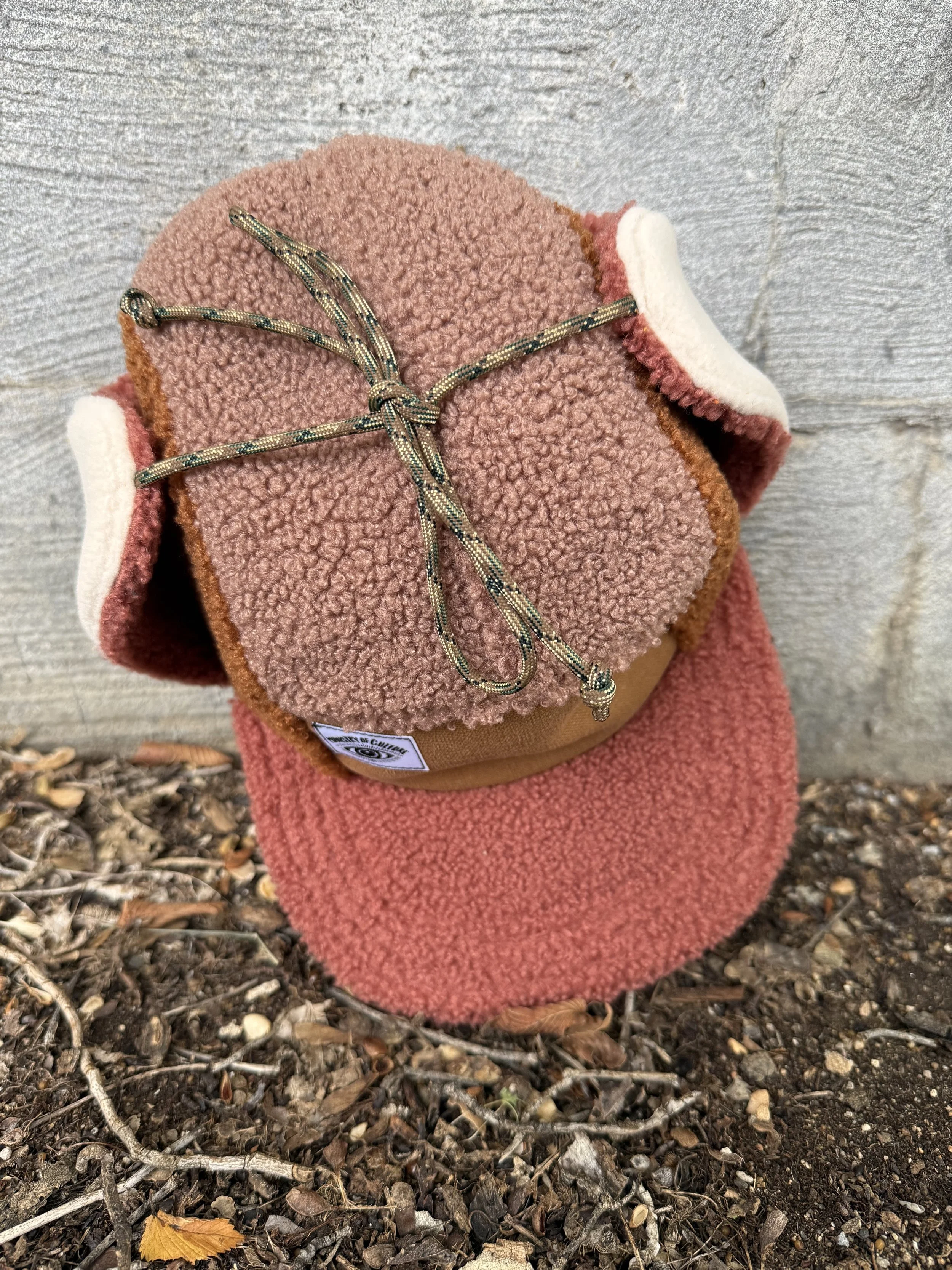 Handmade 5 Panel Teddy bear Fleece Camp Hat with Earflaps - in Warm Earthtones