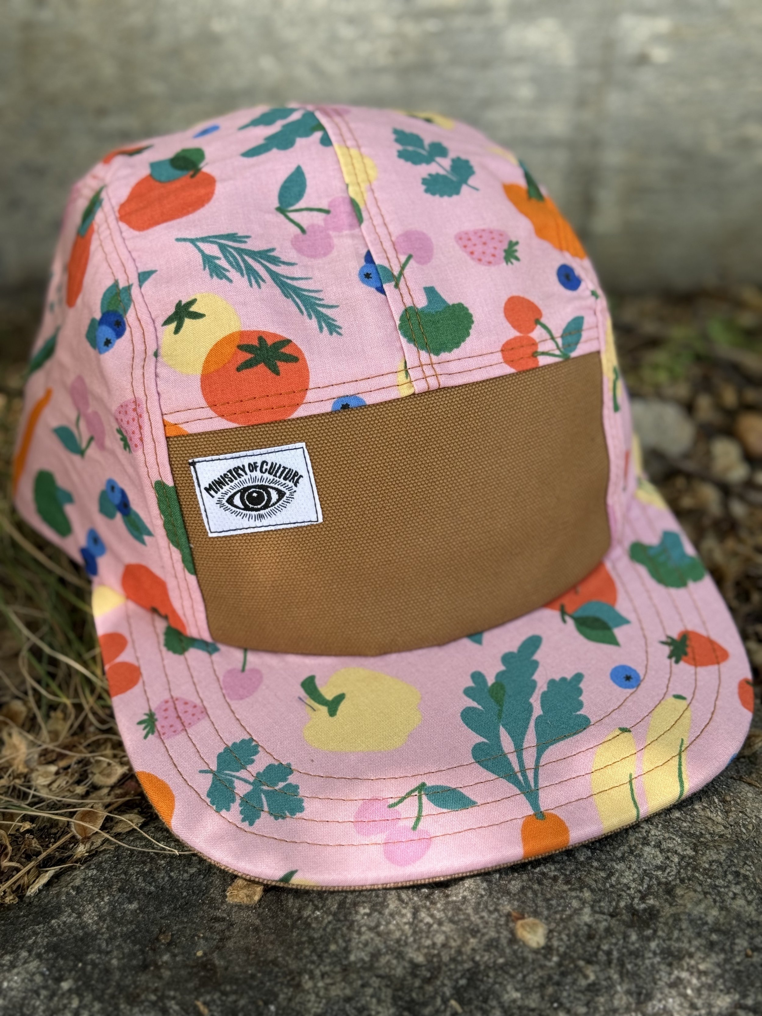 Handmade 5 Panel Camp Hat - Pink Fruit Basket