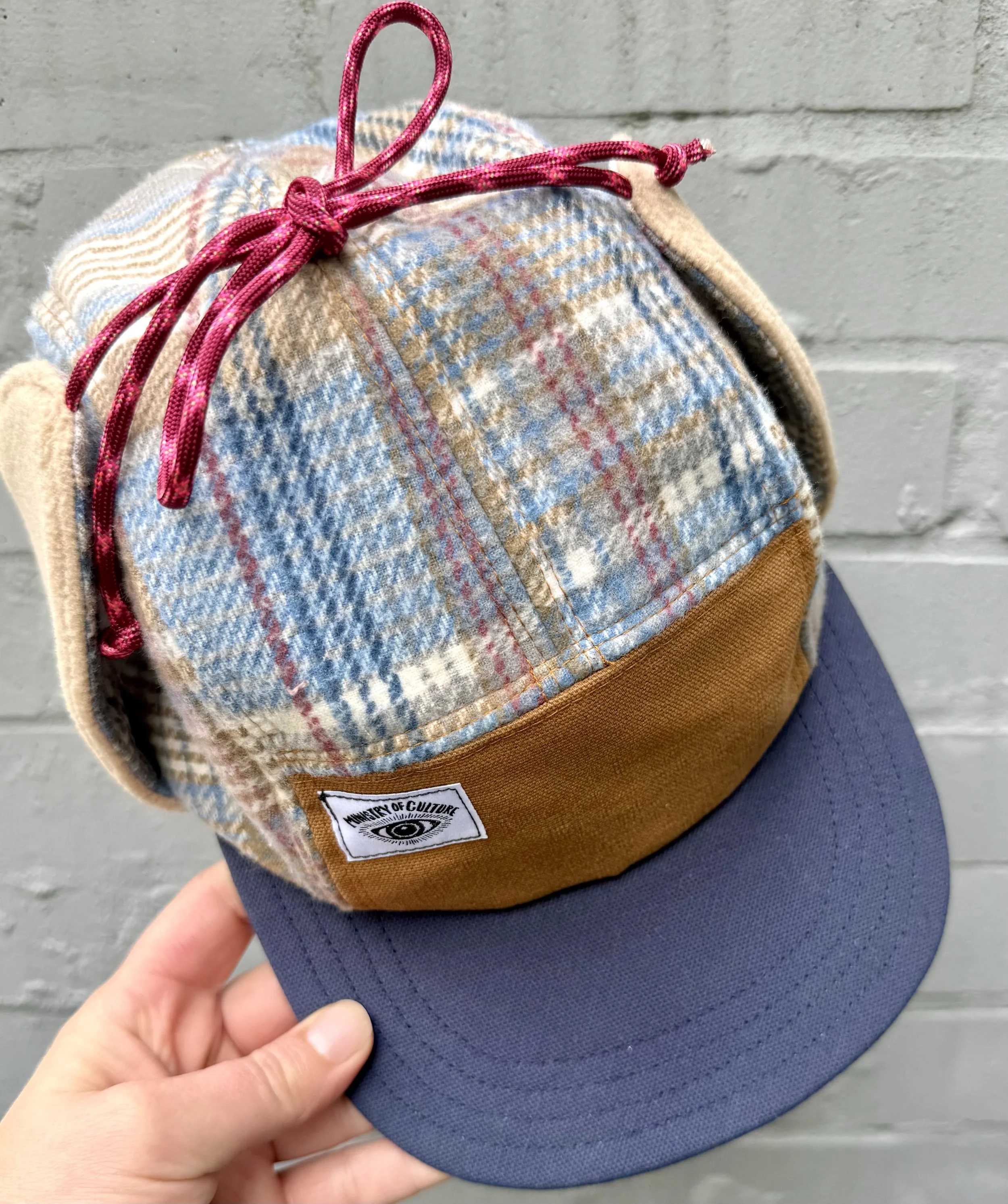 Handmade Blue Plaid 5 Panel Earflap Hat - Fully lined with tan fleece