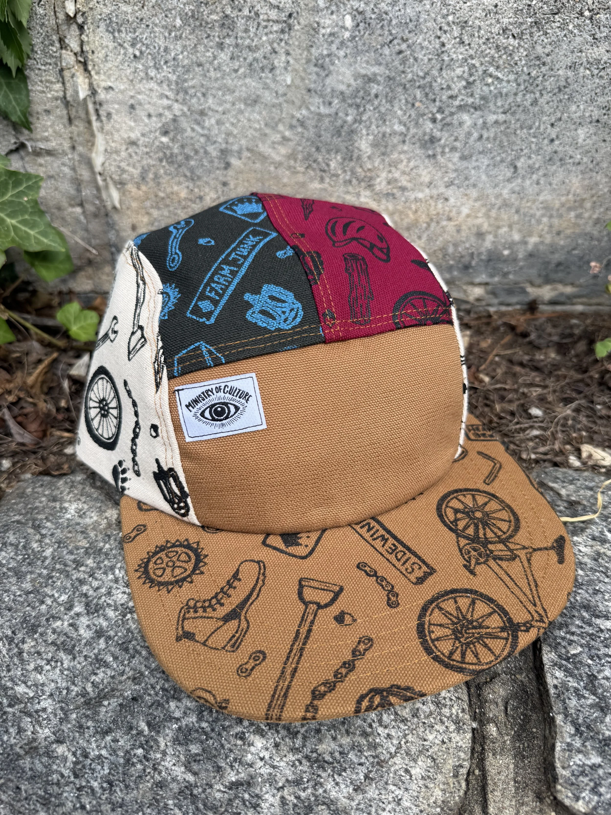 Kingdom Trails Hike and Bike Print 5 Panel Hat - Burgundy, Natural, and Tan