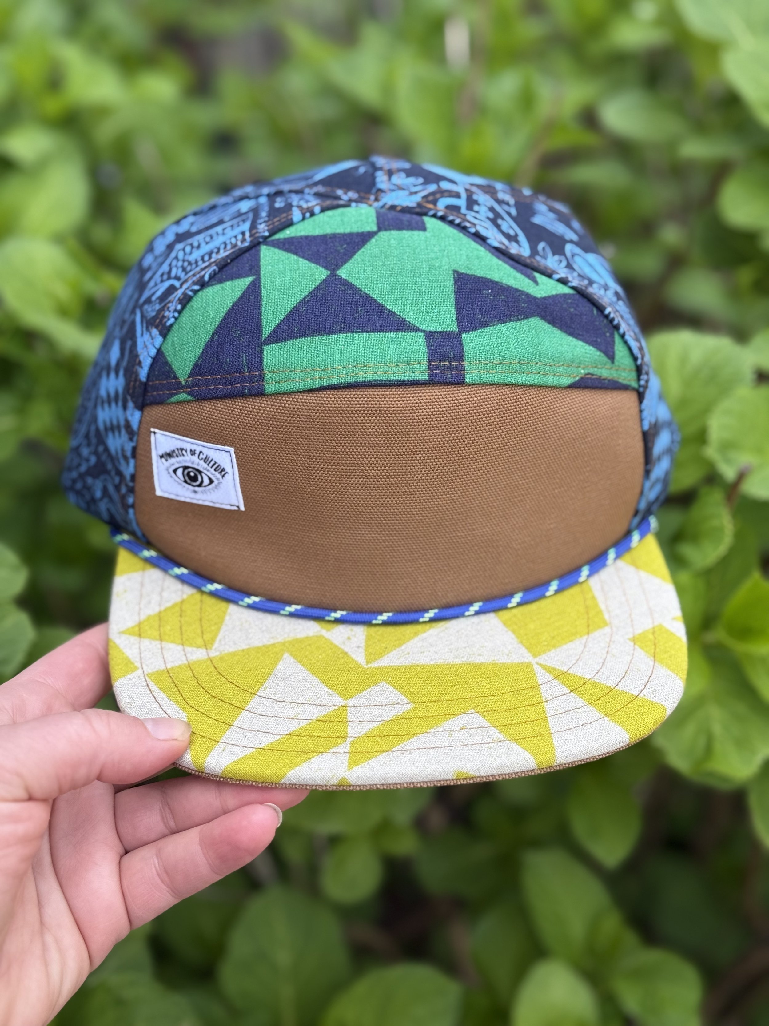 Handmade 6 Panel Hat Geometric Print Camp - in Green, Blue, Yellow Patchwork