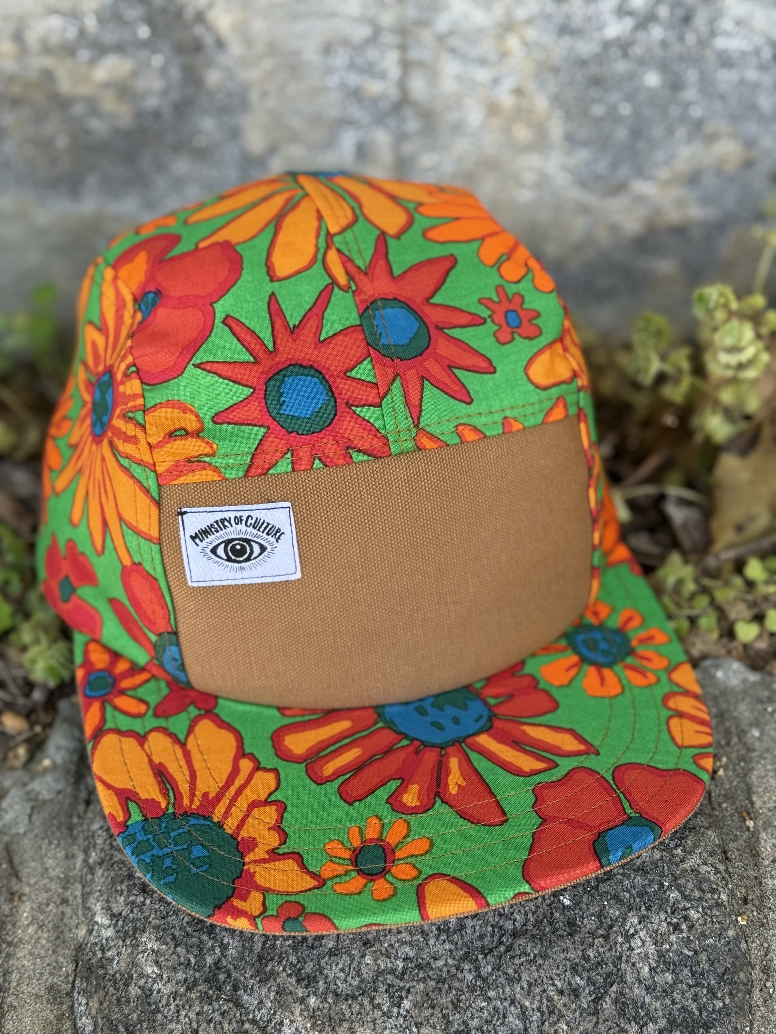 Handmade 5 Panel Camp Hat - Electric Bloomers in Green and Orange