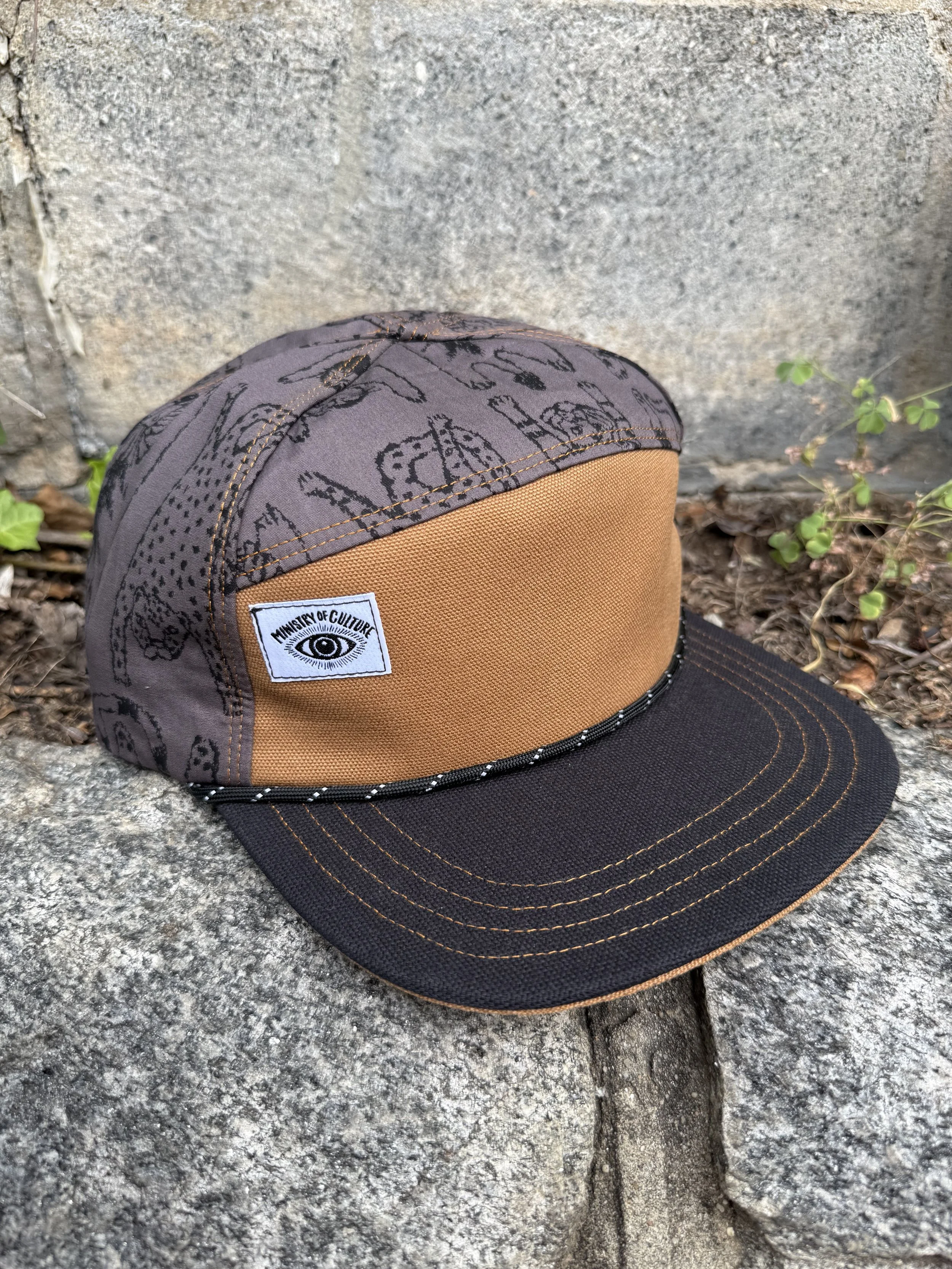 Handmade 6 Panel Hat- Flat Cats with Black Brim