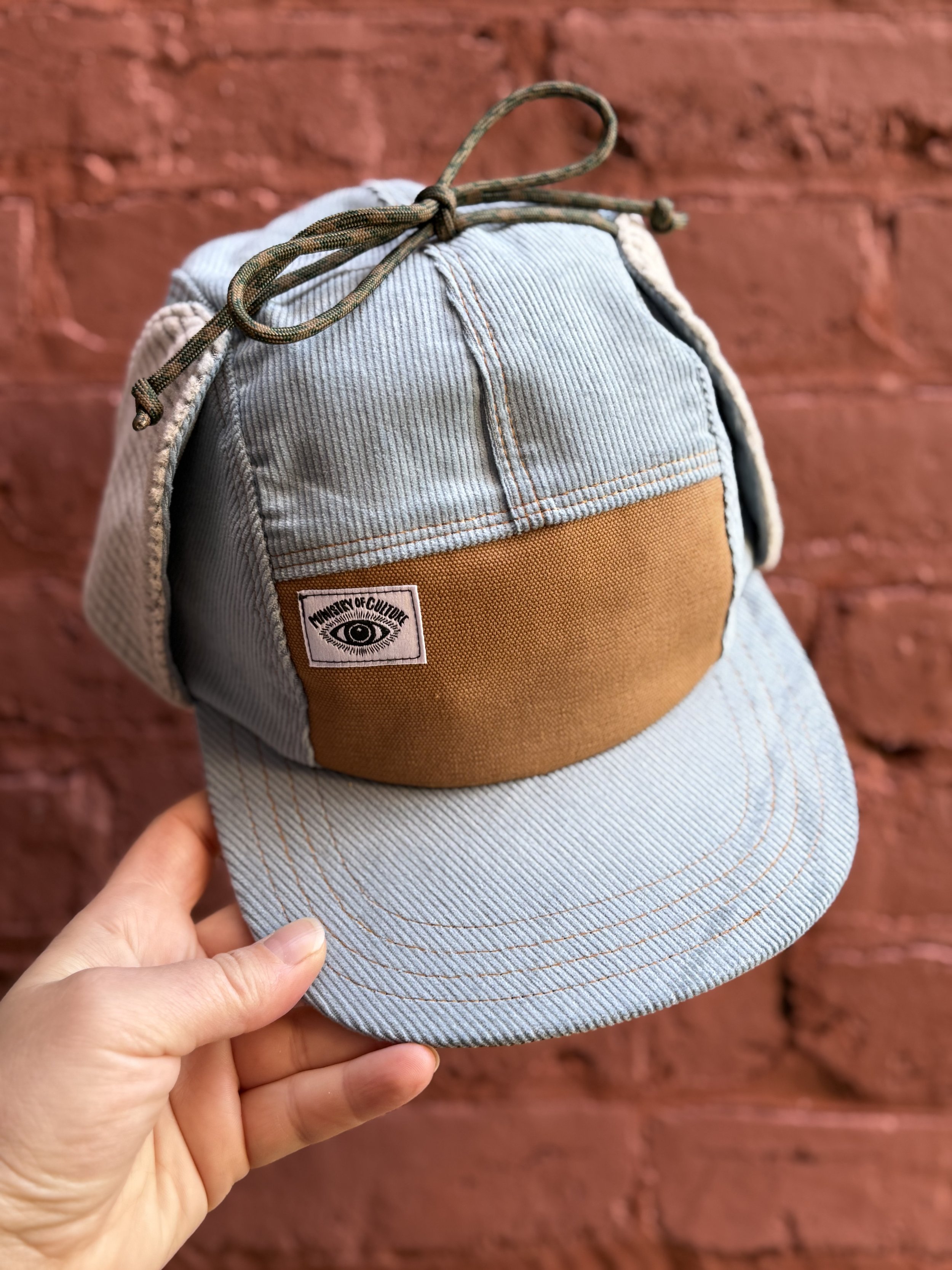Handmade Light Blue Corduroy 5 Panel Camp Hat with Earflaps