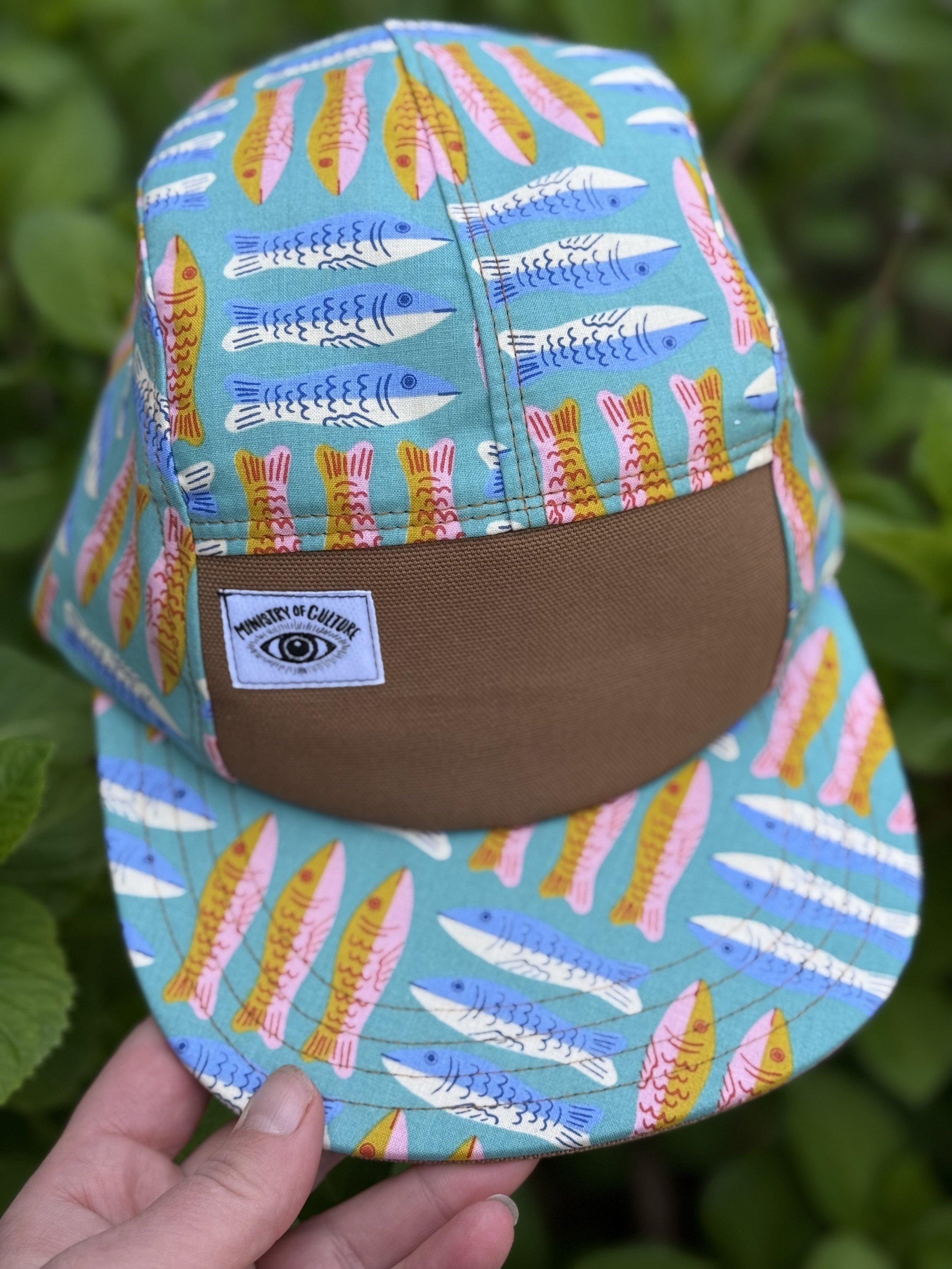 Handmade 5 Panel Camp Hat - Swedish Fish on Sky Blue