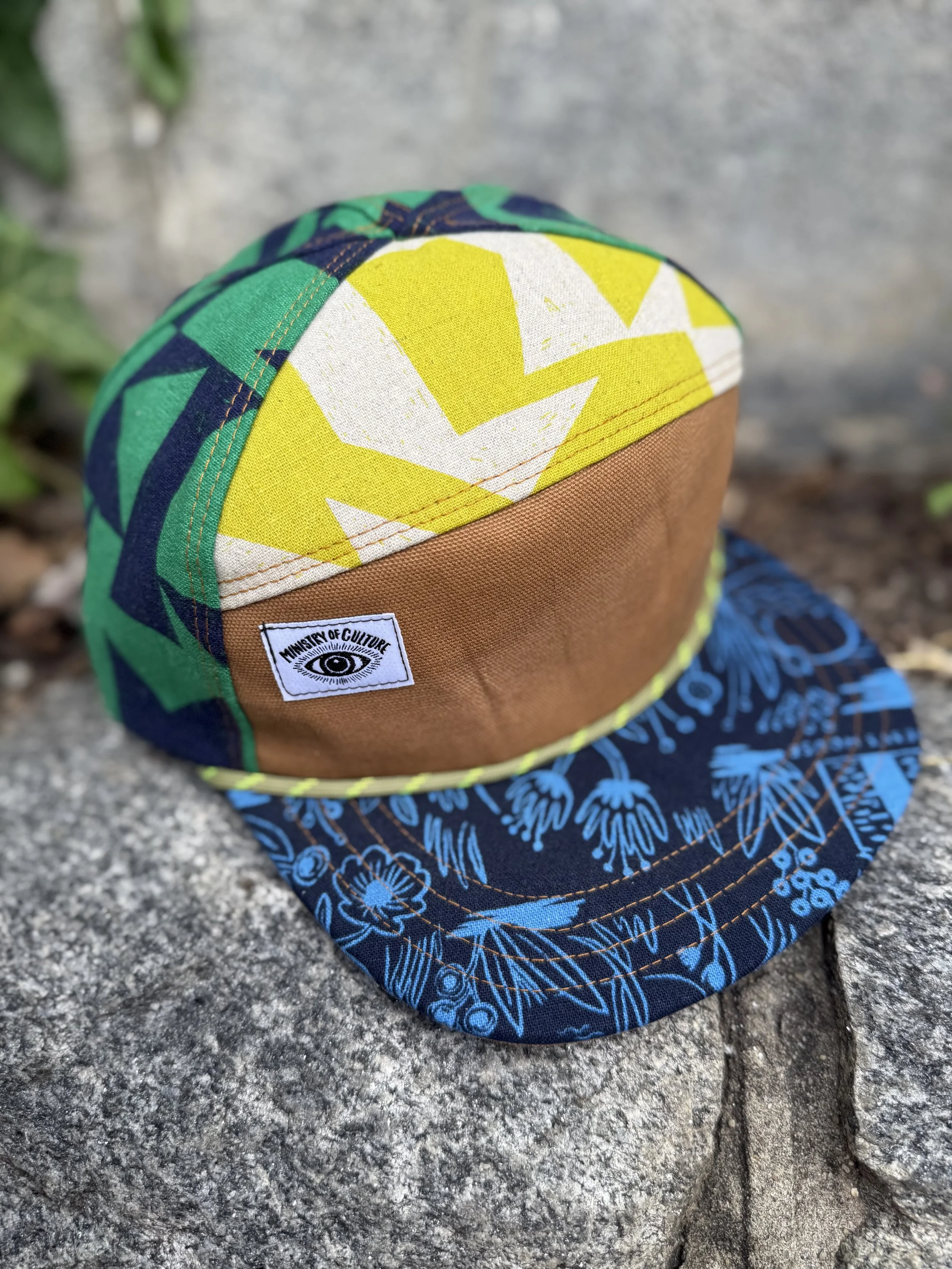 Handmade 6 Panel Hat Geometric Print Camp - in Citron, Green, and Blues