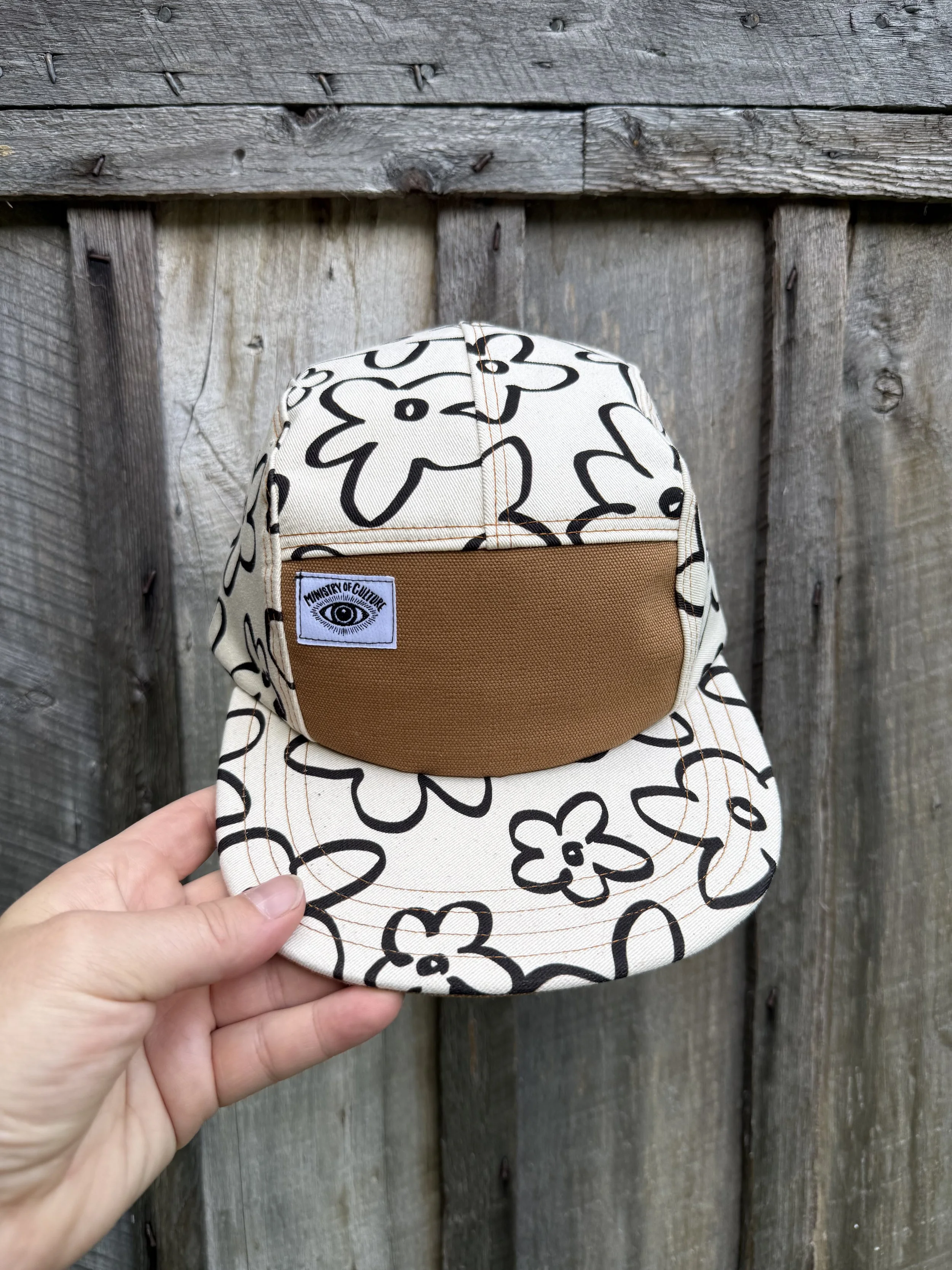 Handmade 5 Panel Camp Hat - Cream and Black Daisy
