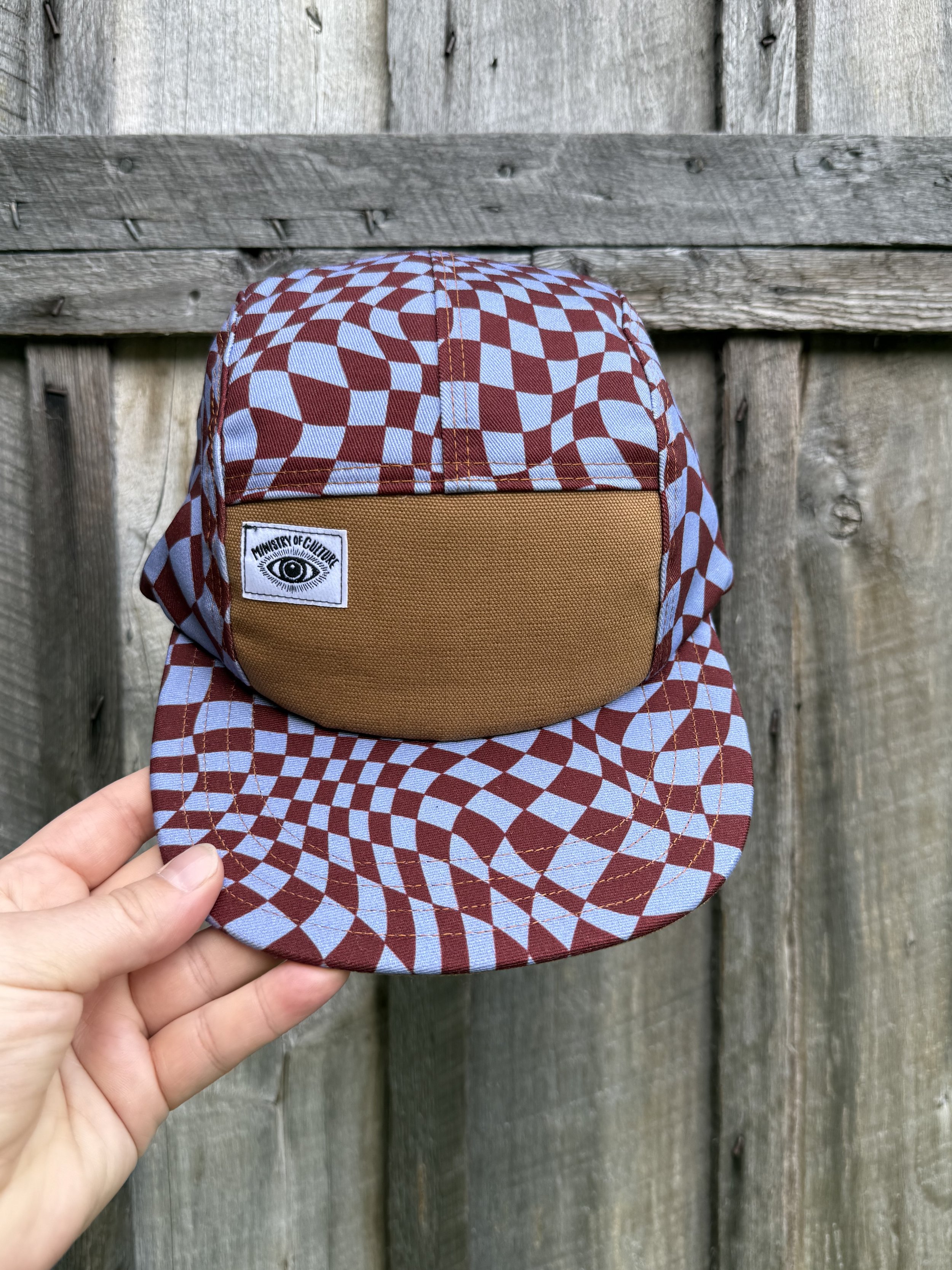 Handmade 5 Panel Camp Hat - Burgundy and Cornflower Blue Checkerboard