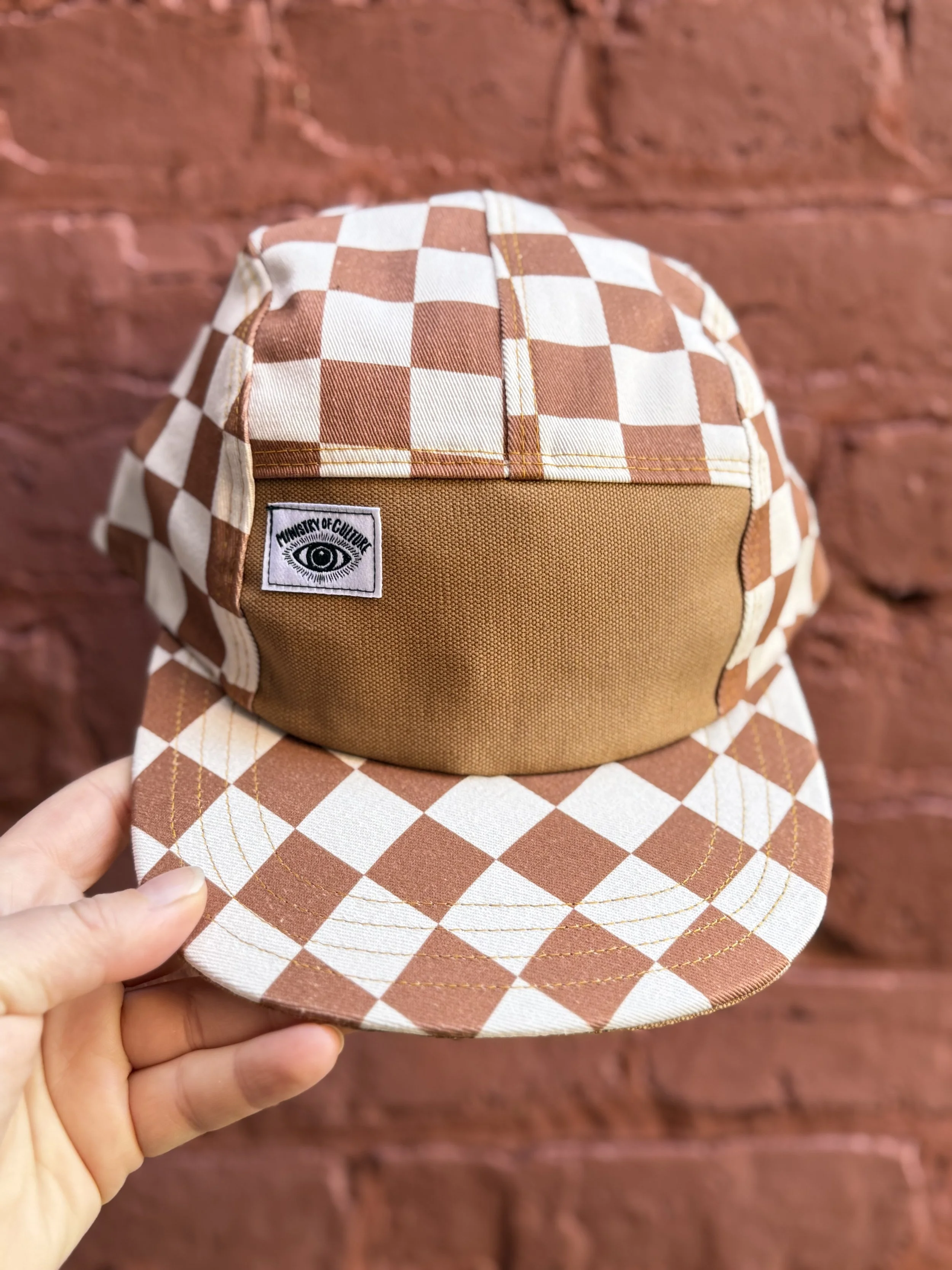 Handmade 5 Panel Camp Hat - Brown Checkerboard