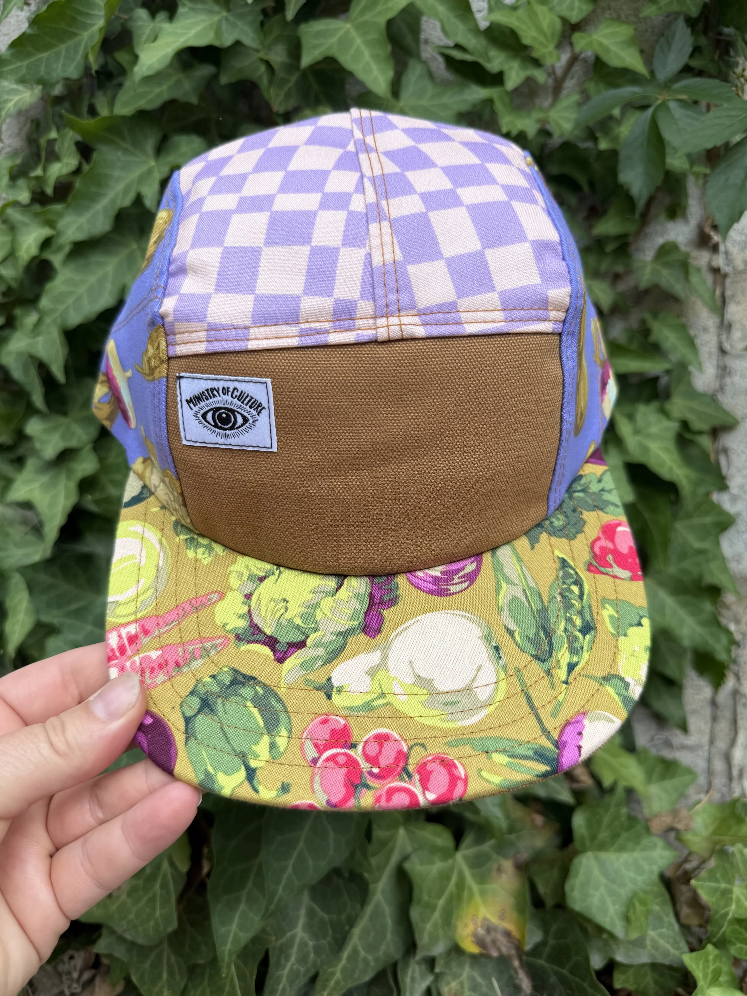 Handmade 5 Panel Camp Hat - Checkerboard Vegetables