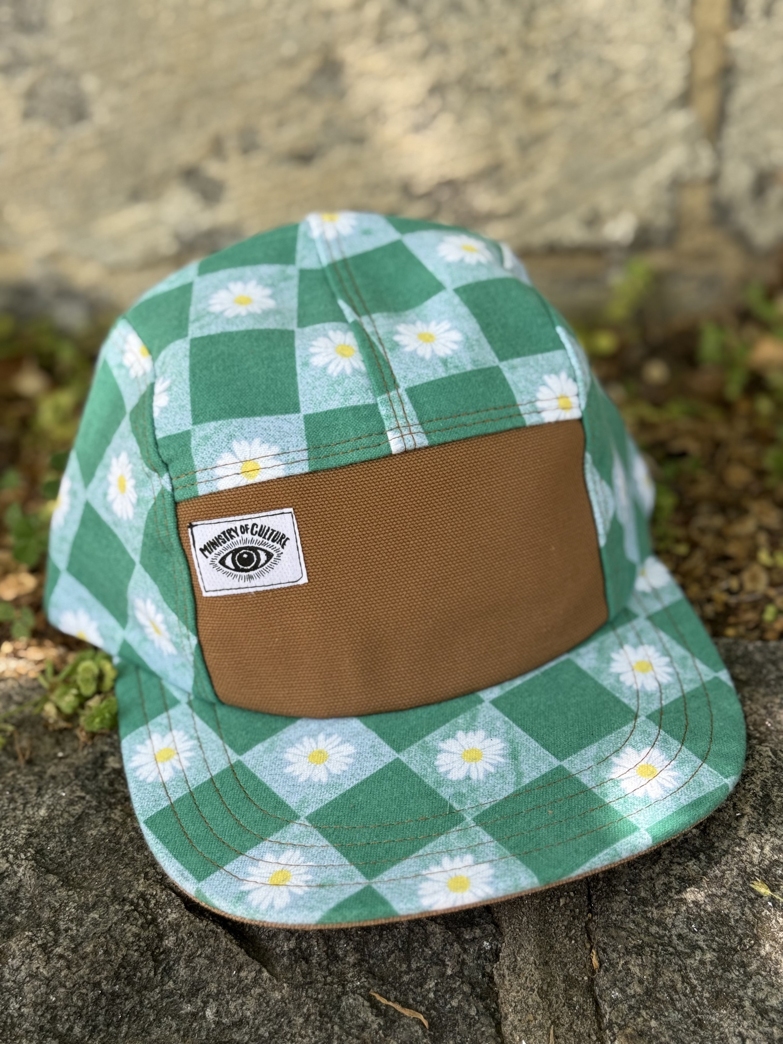 Green and Blue Checkerboard and Daisy Print 5 Panel Hat