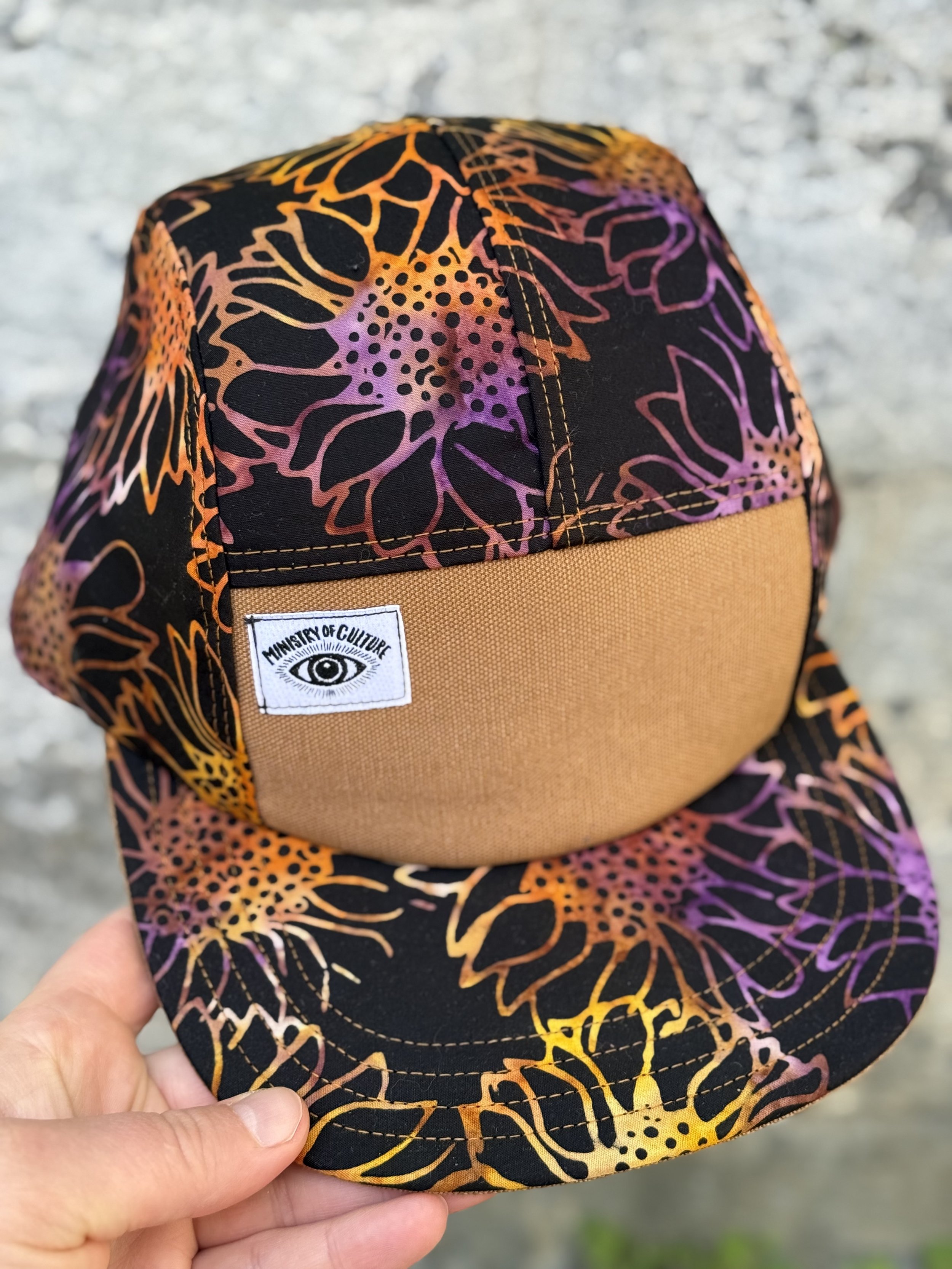 Handmade 5 Panel Camp Hat - Purple Sunflower Batik