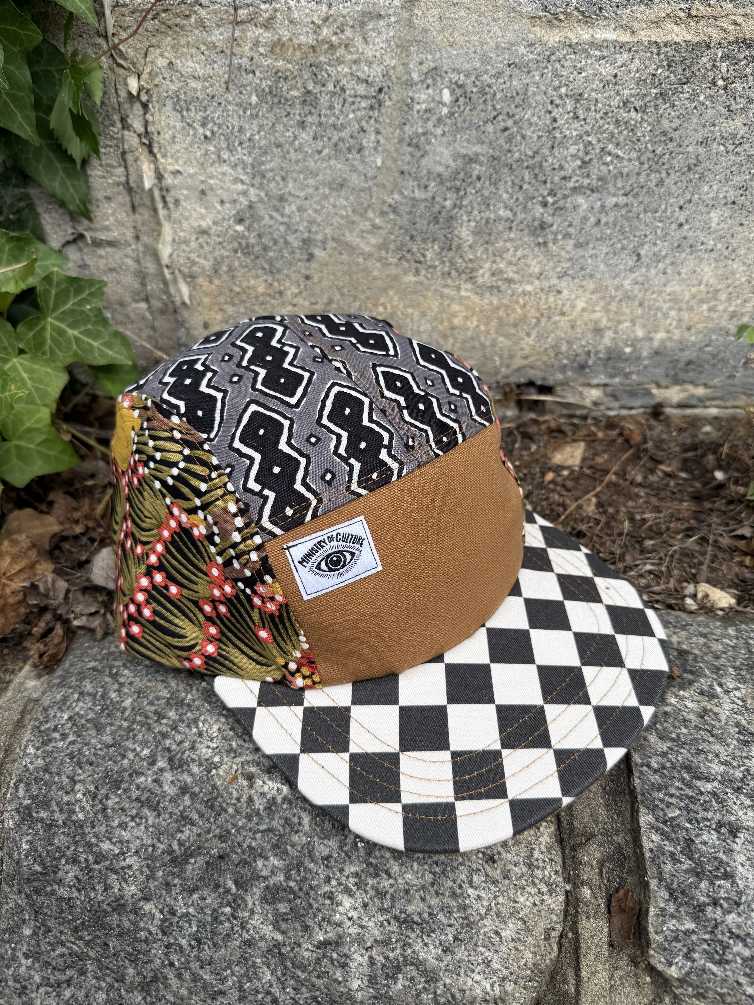White and Black Patchwork Print 5 Panel Hat