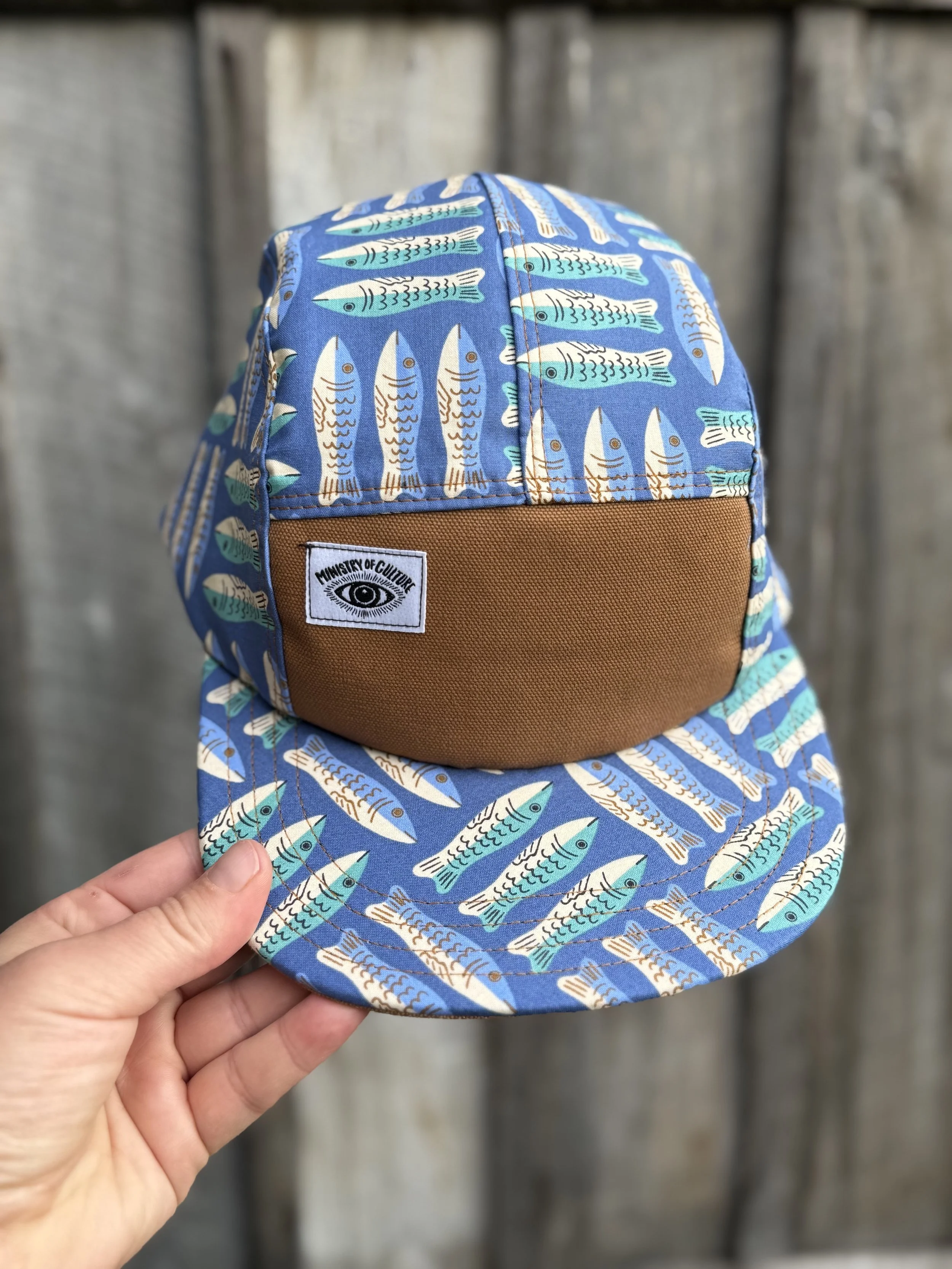 Handmade 5 Panel Camp Hat - Swedish Fish on Light Blue