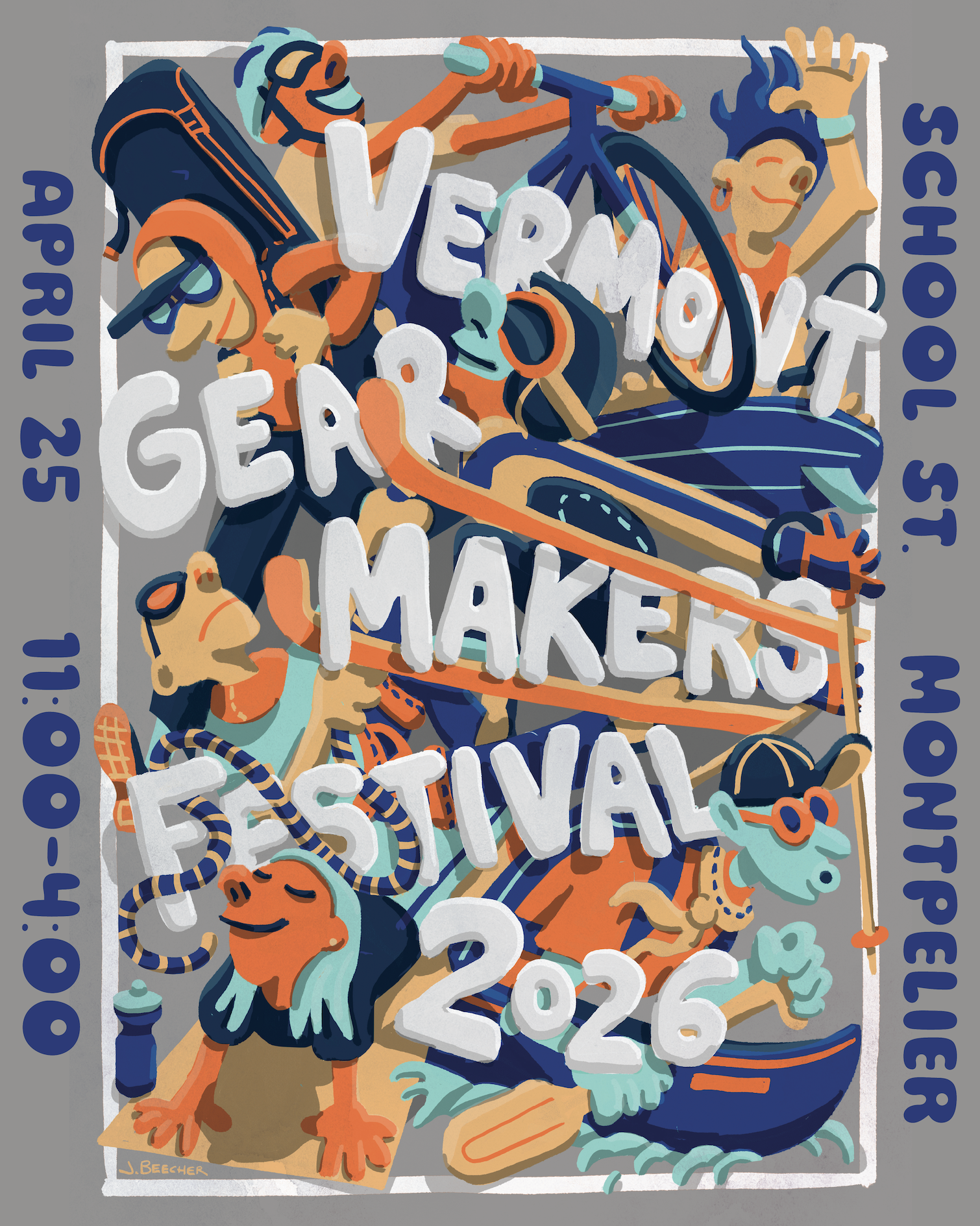Colorful illustrated poster reading "Vermont Gear Makers Festival 2026" featuring playful stylized cartoon-like characters engaged in outdoor activities like biking, skiing, hiking, and climbing. figures overlap and artwork uses bold orange and blue