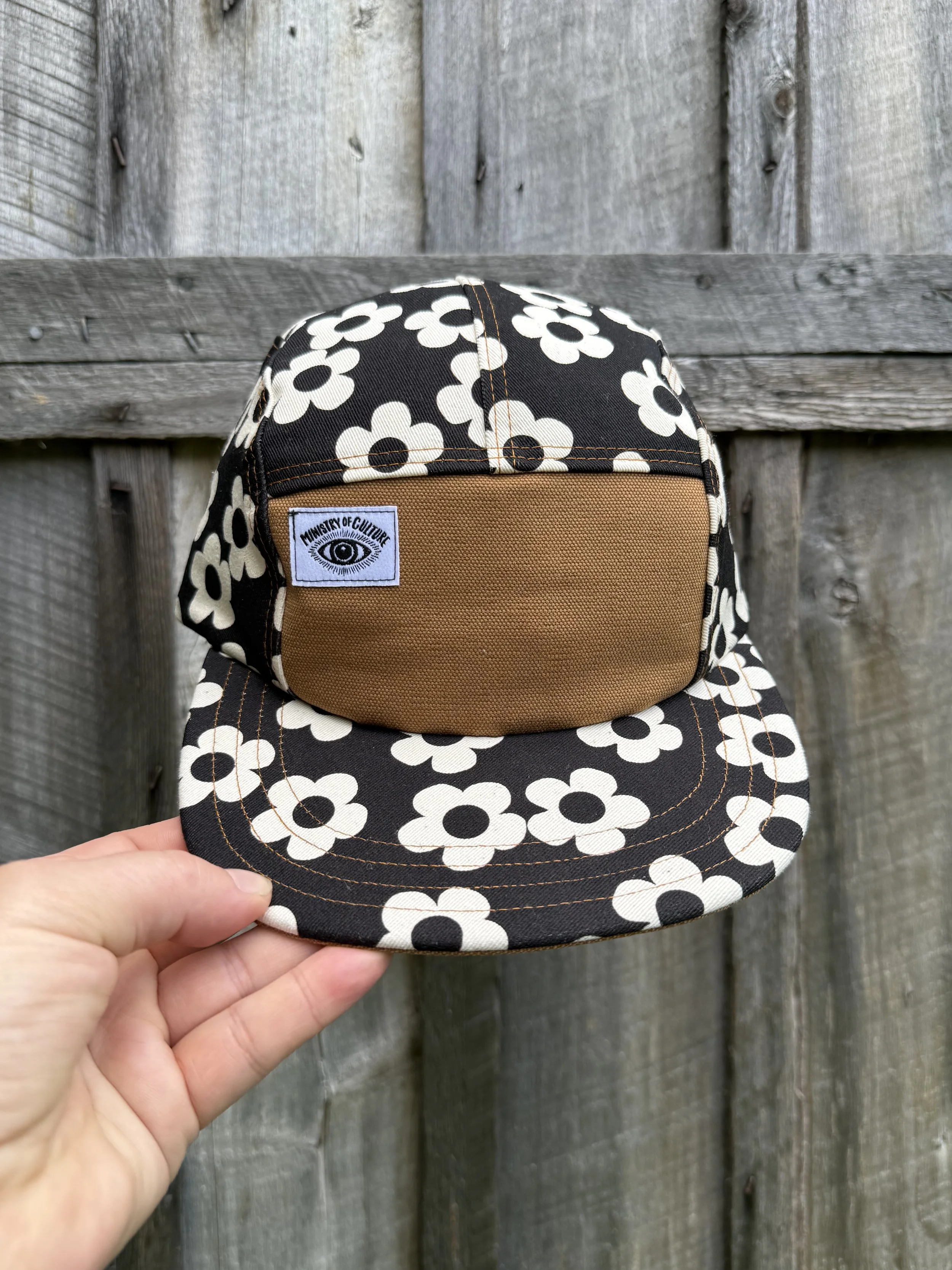 Handmade 5 Panel Camp Hat - Black and Cream Flower Pop