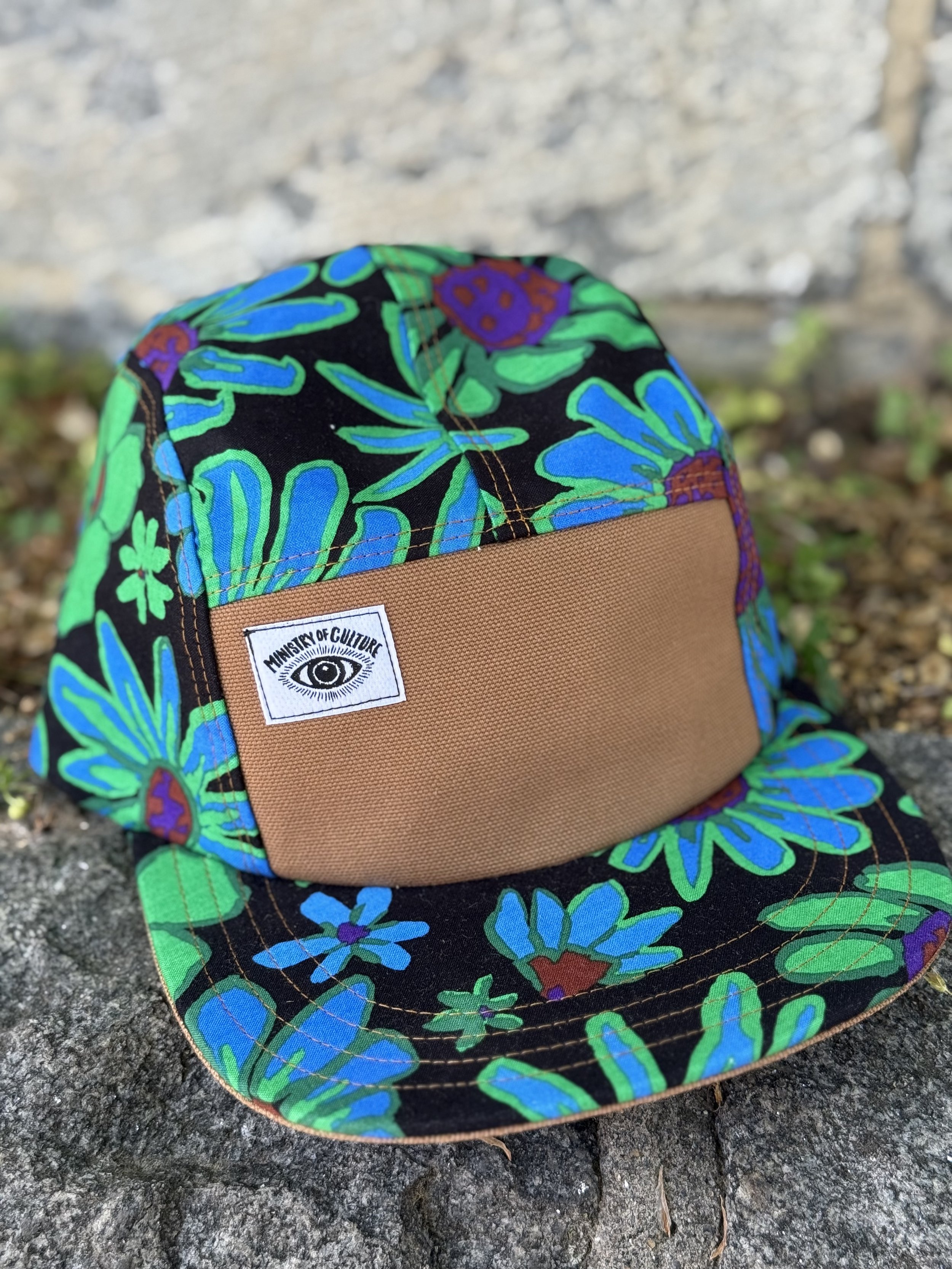 Handmade 5 Panel Camp Hat - Electric Bloomers in Black and Neon Green