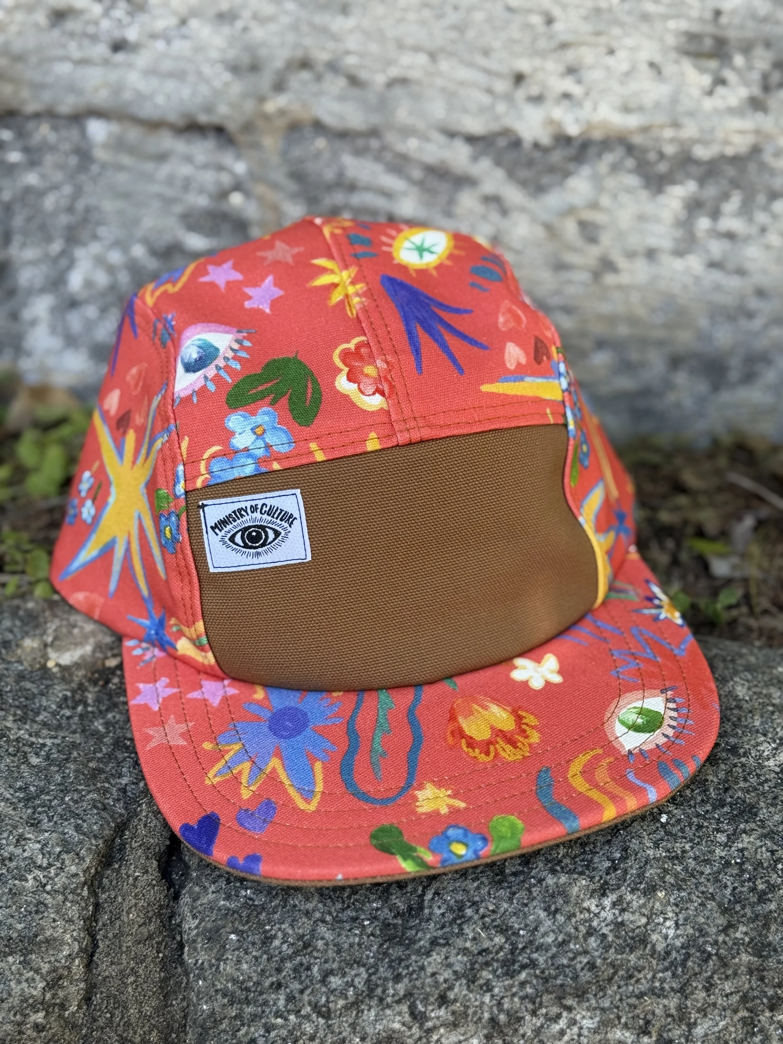 Handmade 5 Panel Camp Hat -Orange KaPow! Doodle Print
